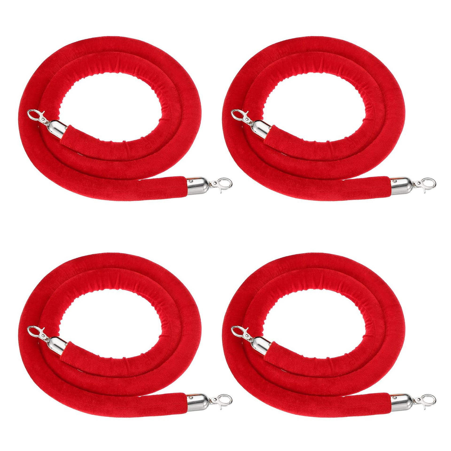 Velvet Stanchion Ropes Set 4 Pack Crowd Control Barrier with Stainless Steel Hooks 6ft - Red/Silver Plated 6 Ft