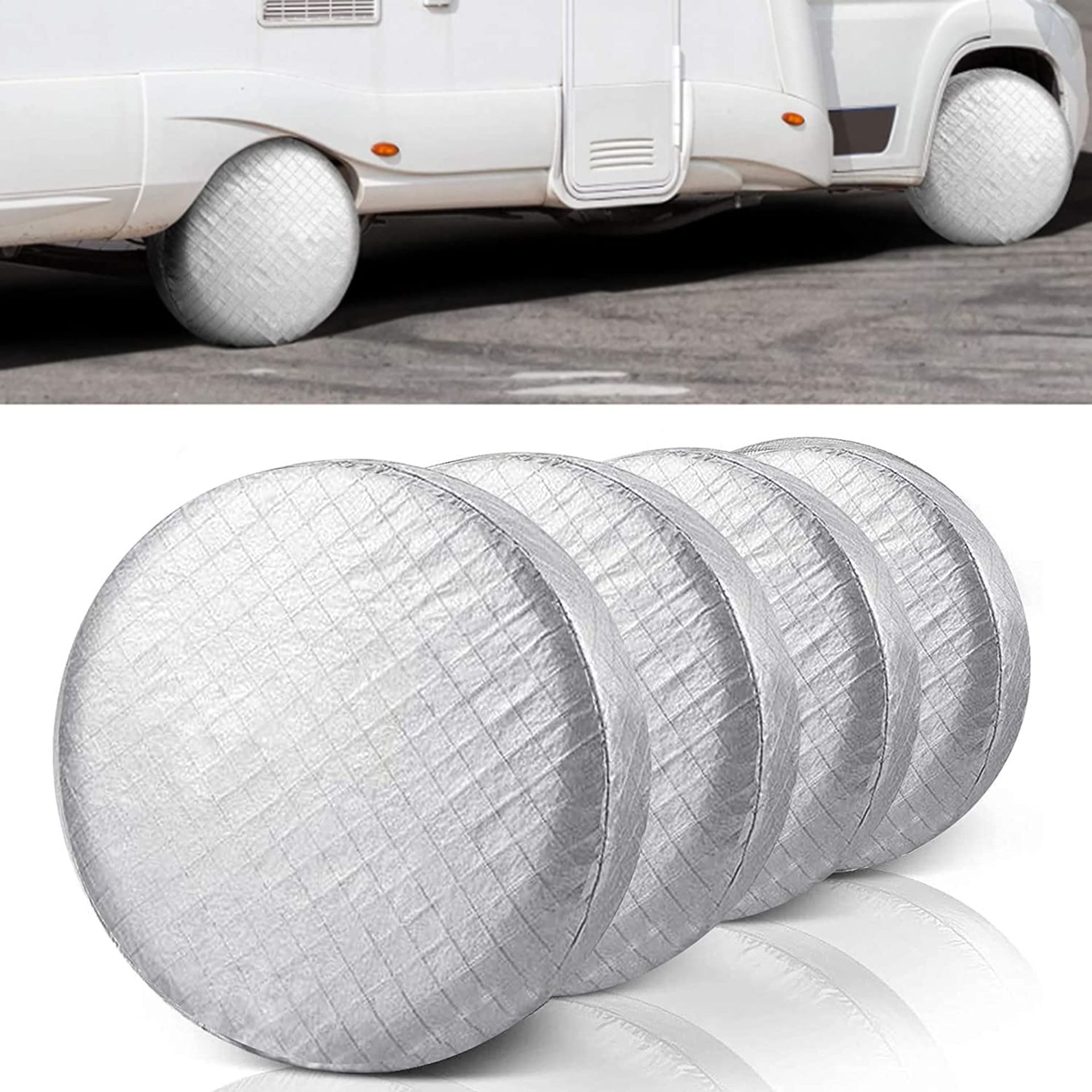 Tyre Covers Waterproof Dustproof Aluminium Film Anti‑UV Protectors with Hooks for Car, RV, SUV, Truck & Trailer - Silver 24-26 Inch