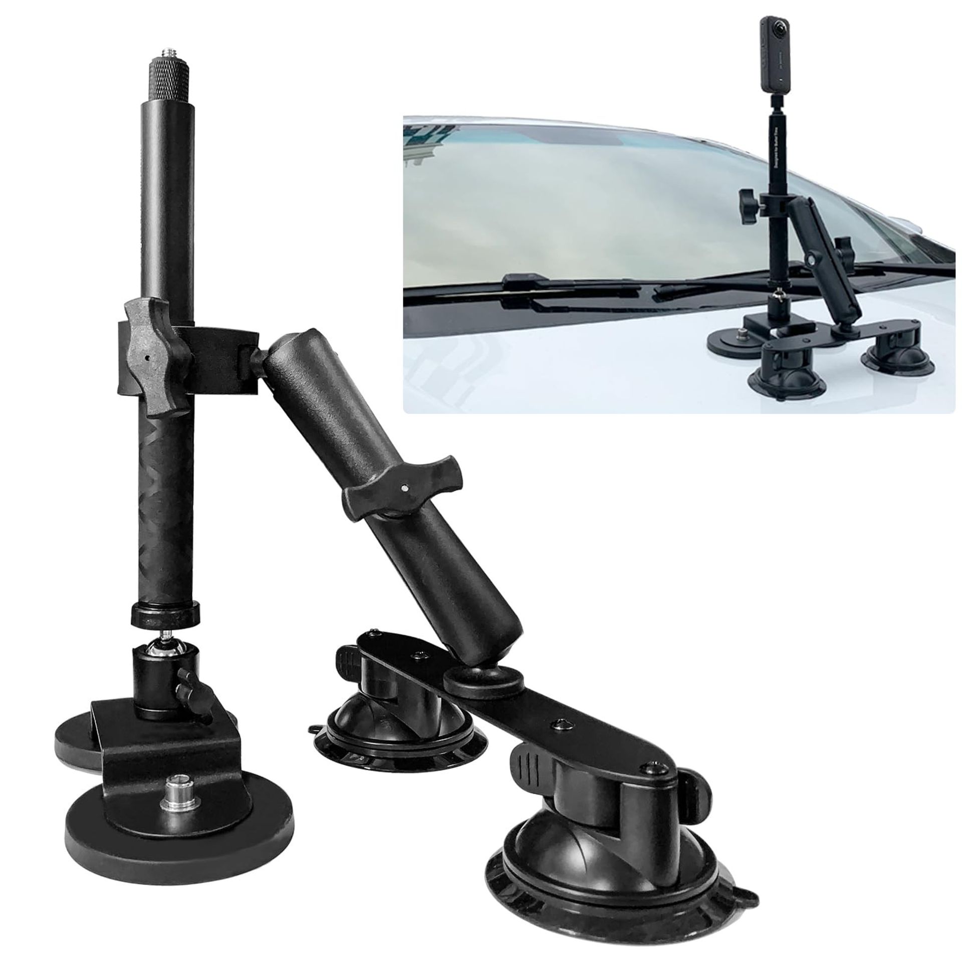 Suction Car Mount Kit for Insta360 ONE X3 X2 X RS R GO 2 3 with Magnetic Mount and 120cm Selfie Stick Compatible with GoPro Hero 12-7 - Suction Car Mount