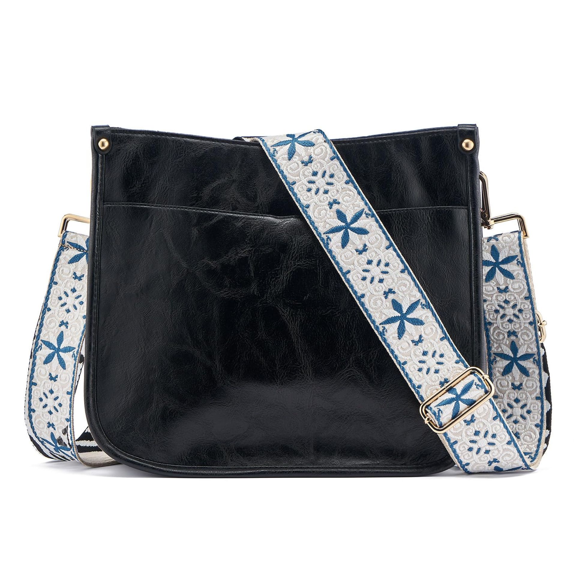 Women's Crossbody Shoulder Bag PU Leather Handbag with Adjustable Wide Strap and Zipped Pockets - Black 30x9x24cm