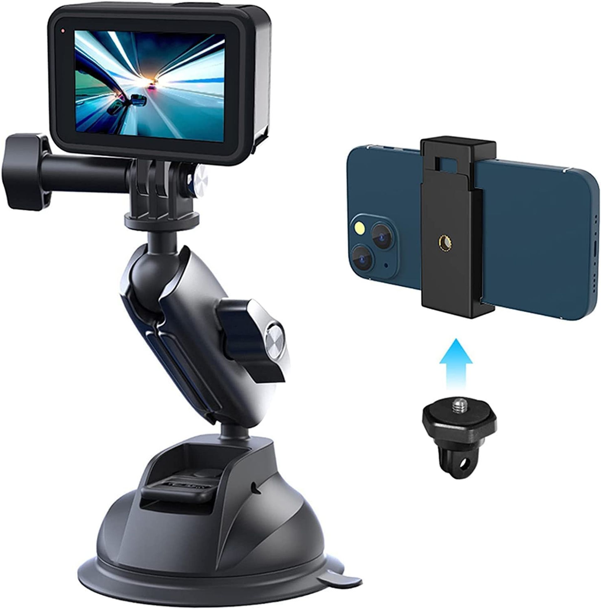 Suction Cup Car Mount with Phone Clip for GoPro, DJI & Insta360 Cameras, Aluminium Base for Windscreen or Dashboard - Magnetic Car Mount