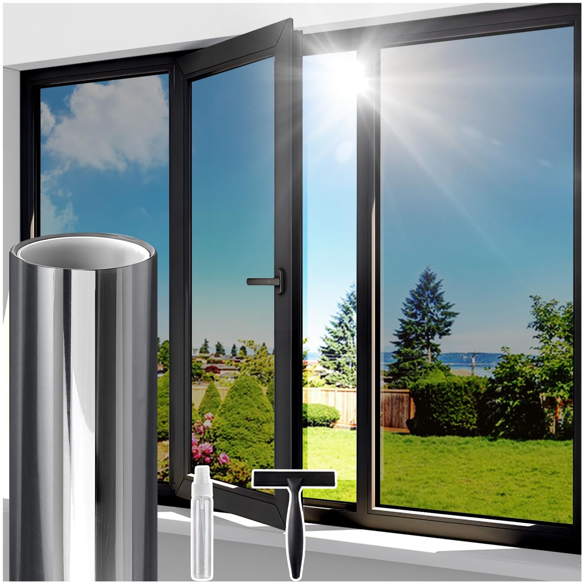 One Way Clear Window Film Privacy Heat Reflective Mirror Tint Anti Glare UV Sun Blocker for Home Office - Black-Silver 90x1000cm