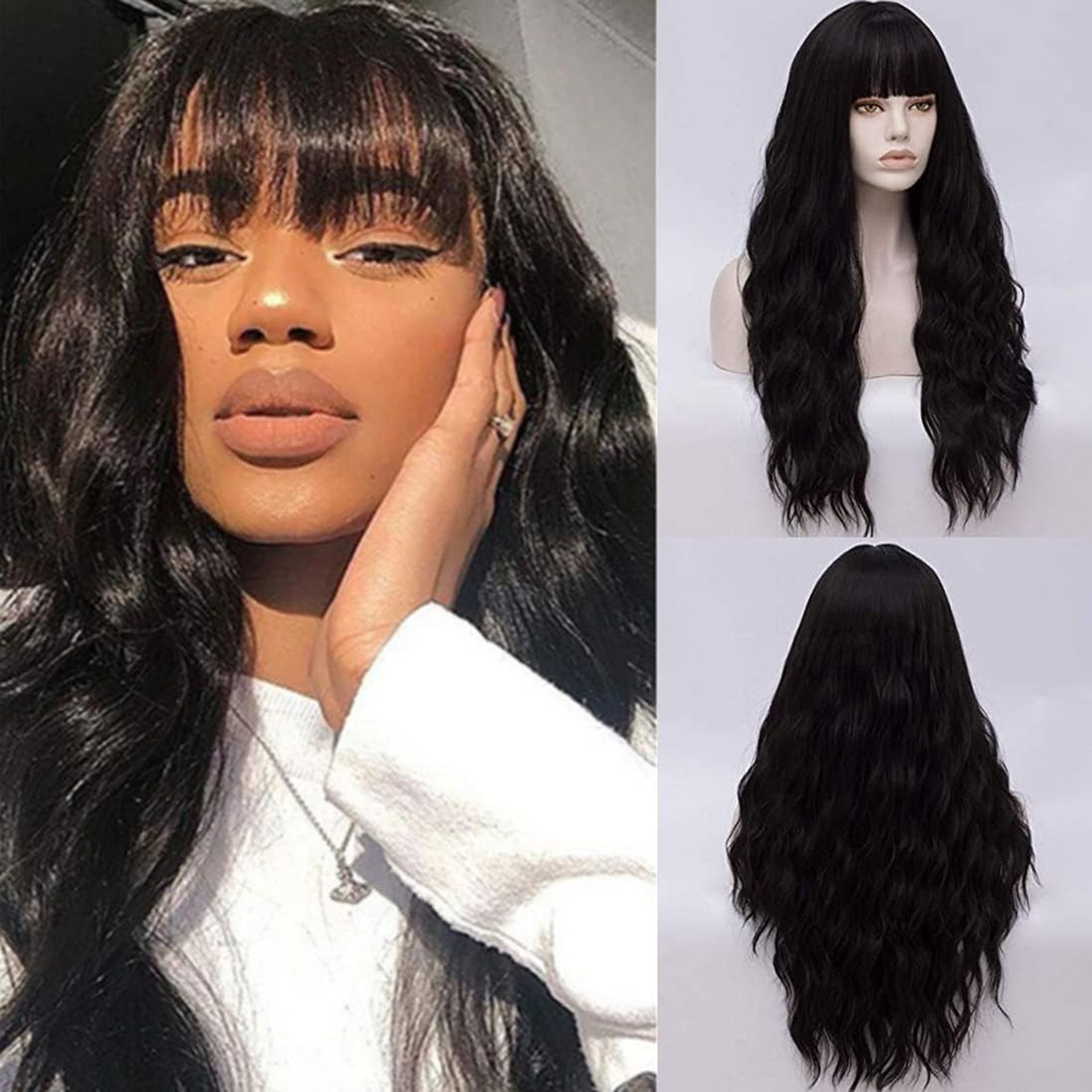 Women's Long Curly Synthetic Wig with Soft Bangs Heat Resistant Fibre - Black 27 Inches