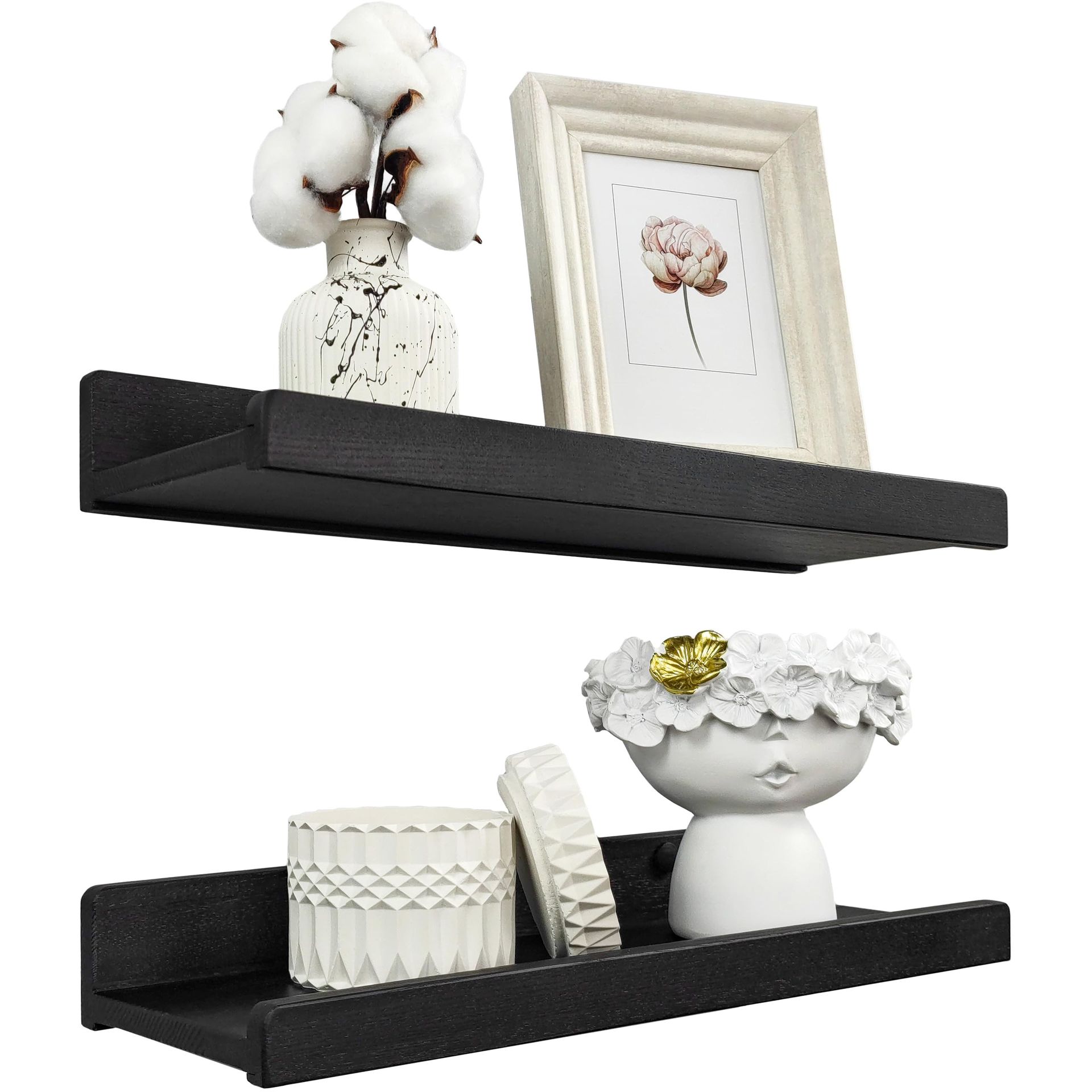 Handcrafted Floating Wall Shelves Solid Ash Wood Waterproof Storage Ledge Shelf with Lip for Living Room Décor - Black 16in Set 2 - Spring Refresh