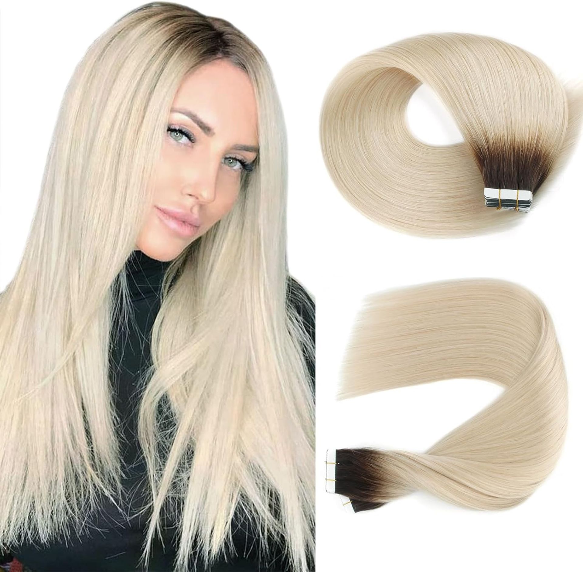 Tape In Hair Extensions Real Remy Human Hair Semi-Permanent Invisible Seamless Reusable Skin Weft - Rooted R2-60 18 Inch