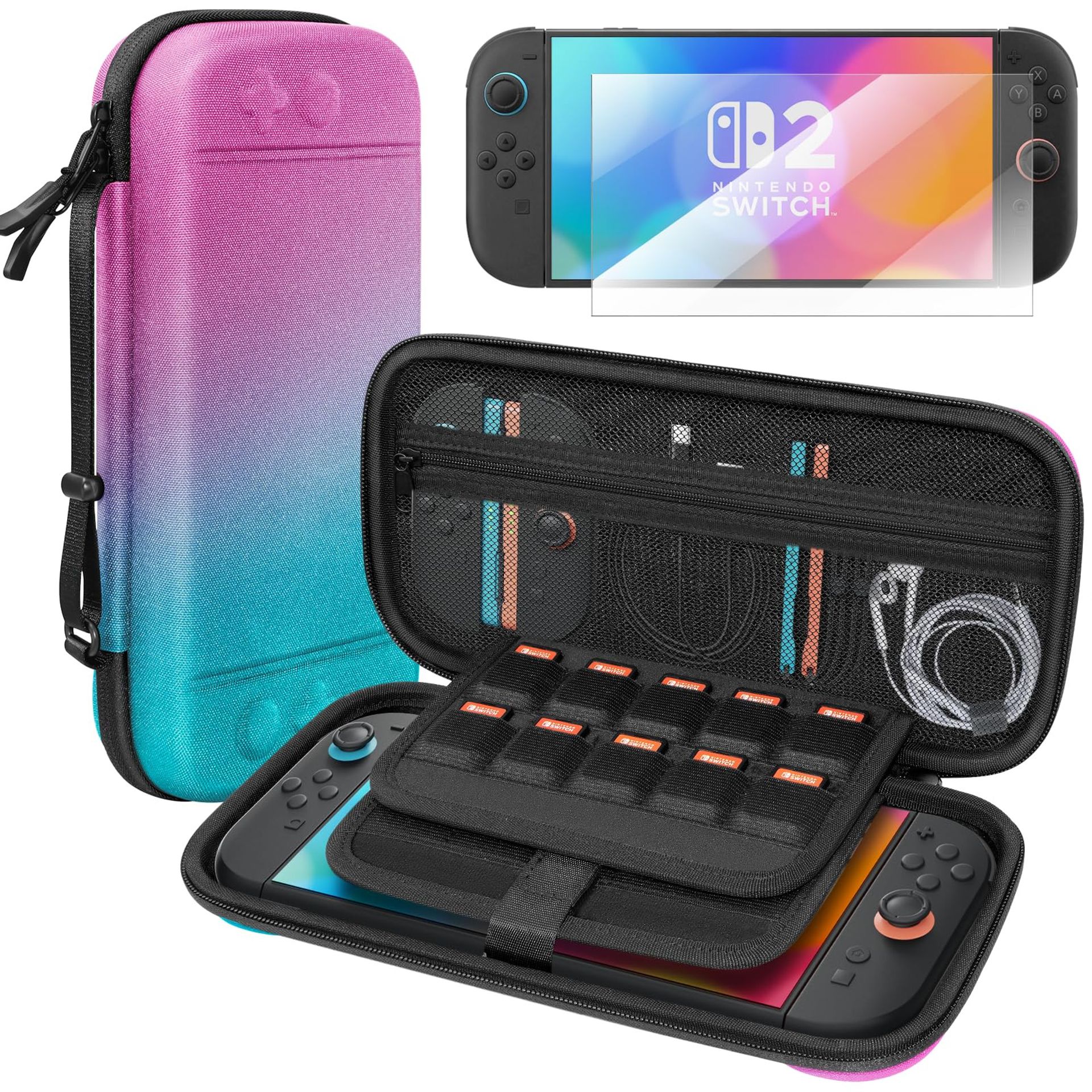 Switch 2 Carrying Case with Screen Protectors, Shockproof Travel Bag for Nintendo Console & Accessories - Pink
