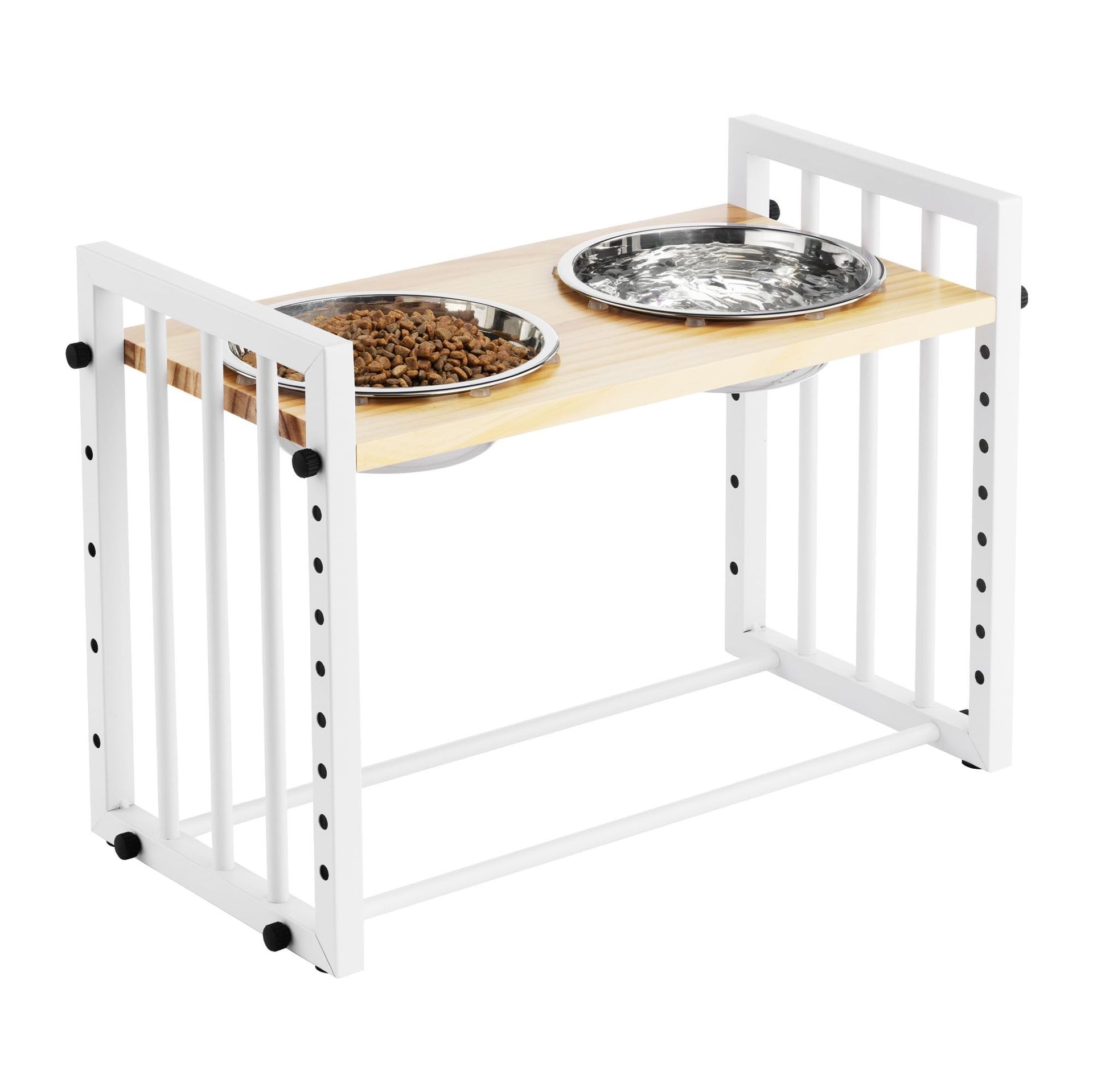 Height Adjustable Dog Bowl Feeder Raised Pet Feeding Station with Two Stainless Steel Bowls and Stand for Medium & Large Dogs - White