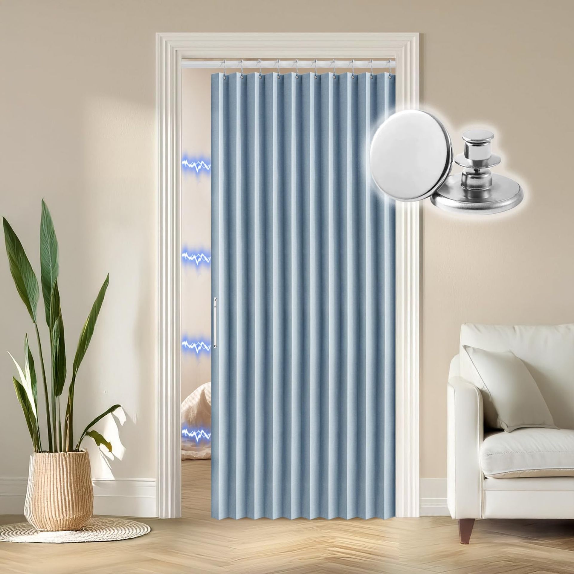 Blackout Accordion Style Magnetic Door Curtain Pleated Folding Room Divider for Closet, Bedroom, Bathroom, Living Room - Blue 52x78 inch