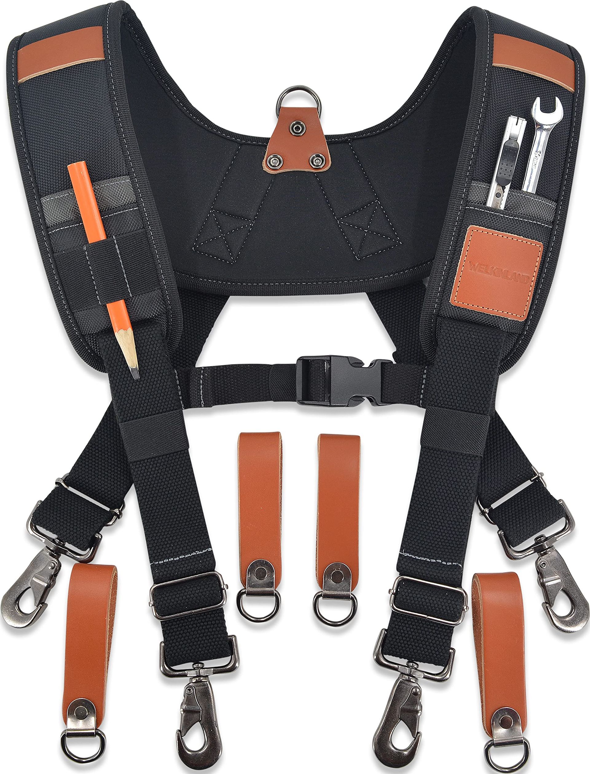 Heavy-Duty Leather Tool Belt Suspenders for Carpenters & Builders, Adjustable 4-Point Construction Harness - Black With Brown L