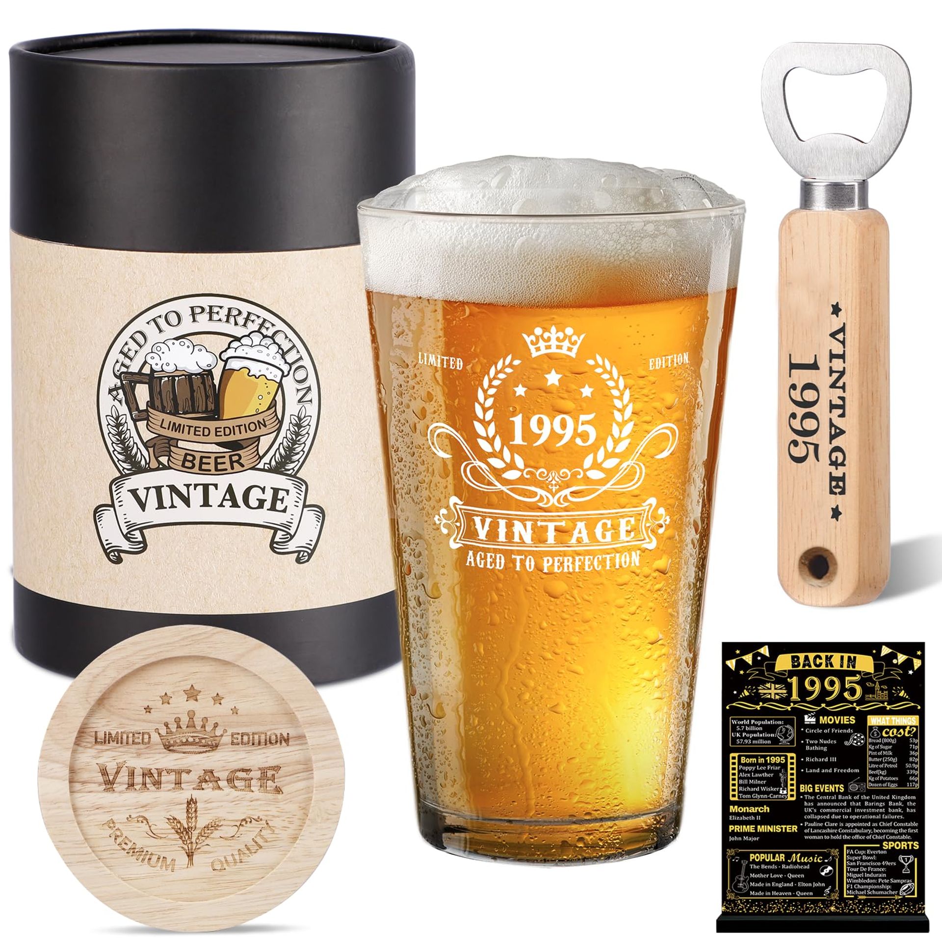 30th Birthday Gift Set for Men Vintage 1995 Beer Glass Bottle Opener Coaster Greeting Card & Keepsake Box - White Medium - Spring Refresh