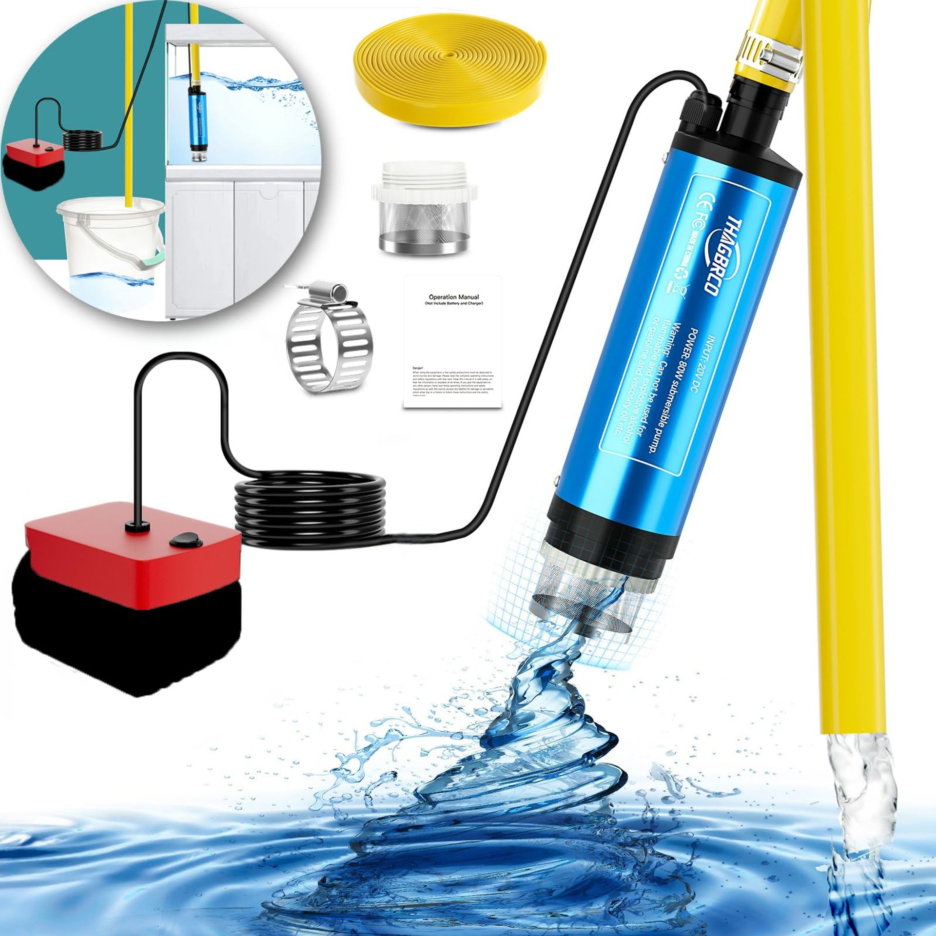 Portable Submersible Water Pump 400GPH 80W 18V/20V DC with 16ft Cable, Max Lift 10ft, Battery Compatible Design - Black