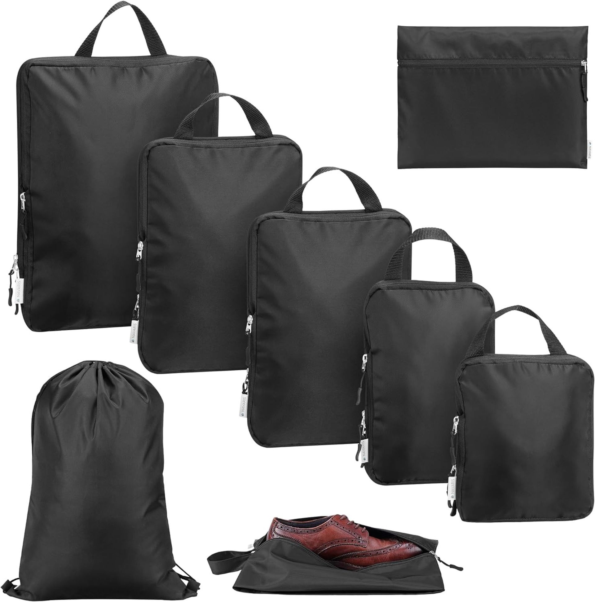 Compression Packing Cubes 8 Piece Set Space-Saving Travel Organiser Bags for Luggage and Backpacks - Black 8x