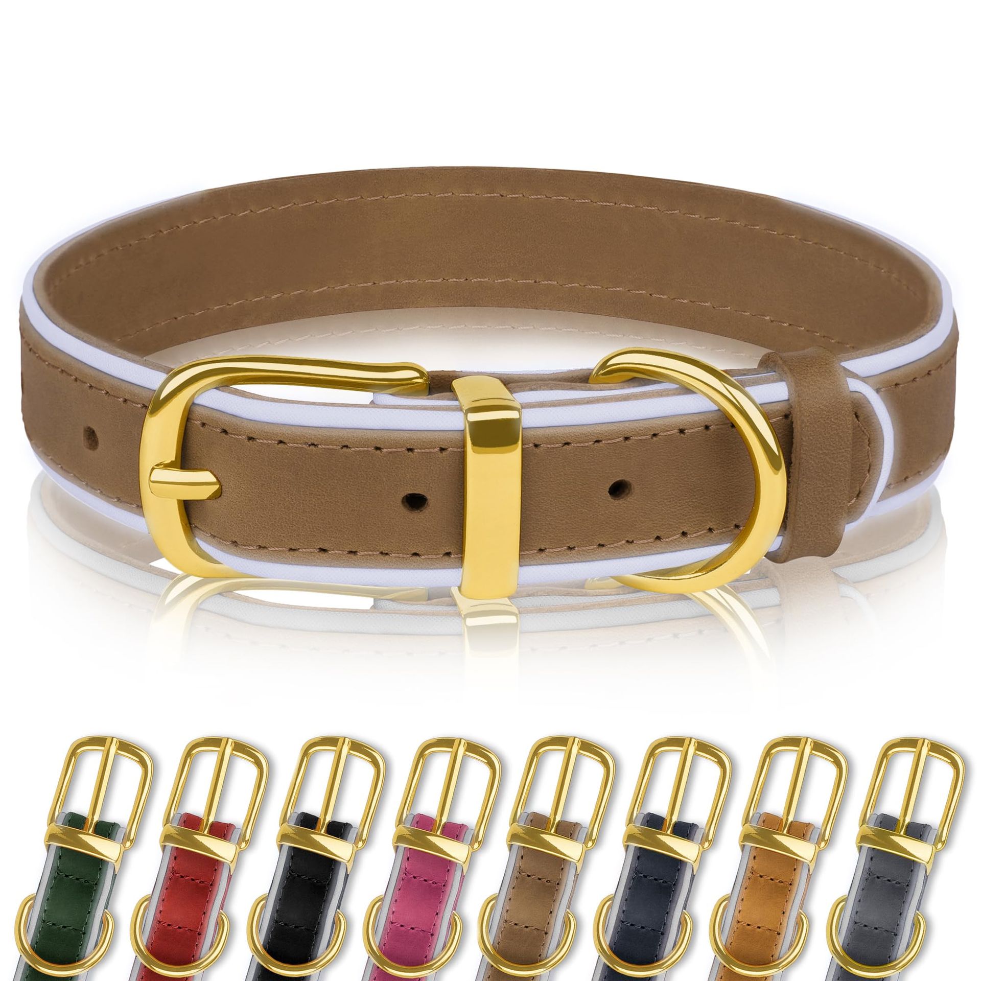 Reflective Genuine Leather Dog Collar Soft Padded Adjustable Design for Small, Medium and Large Breeds - Brown Large 15"-19"