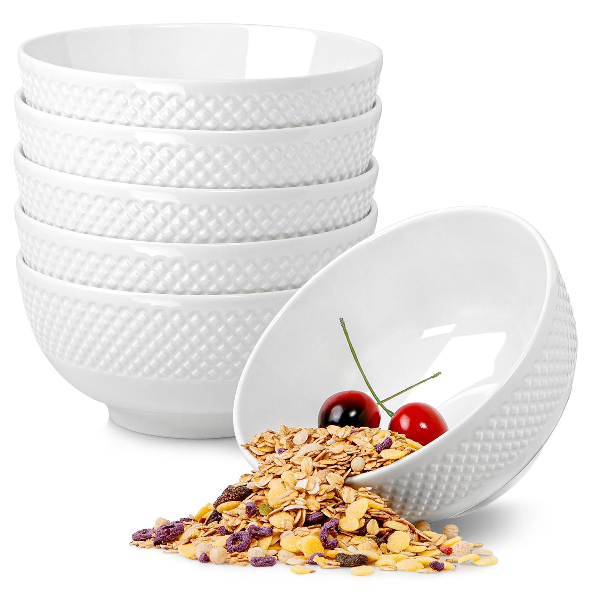 Ceramic Cereal and Soup Bowl Set of 6, Durable Porcelain Breakfast Bowls 700ml 15x7cm - White 6pcs - Spring Refresh