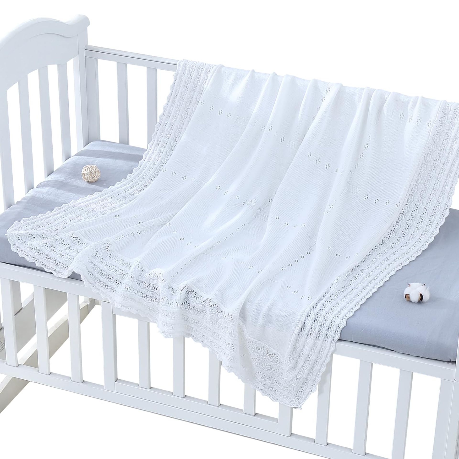 Baby Blanket Soft Cotton Christening Gift with Silver Cross Embroidery - White 47x47inches