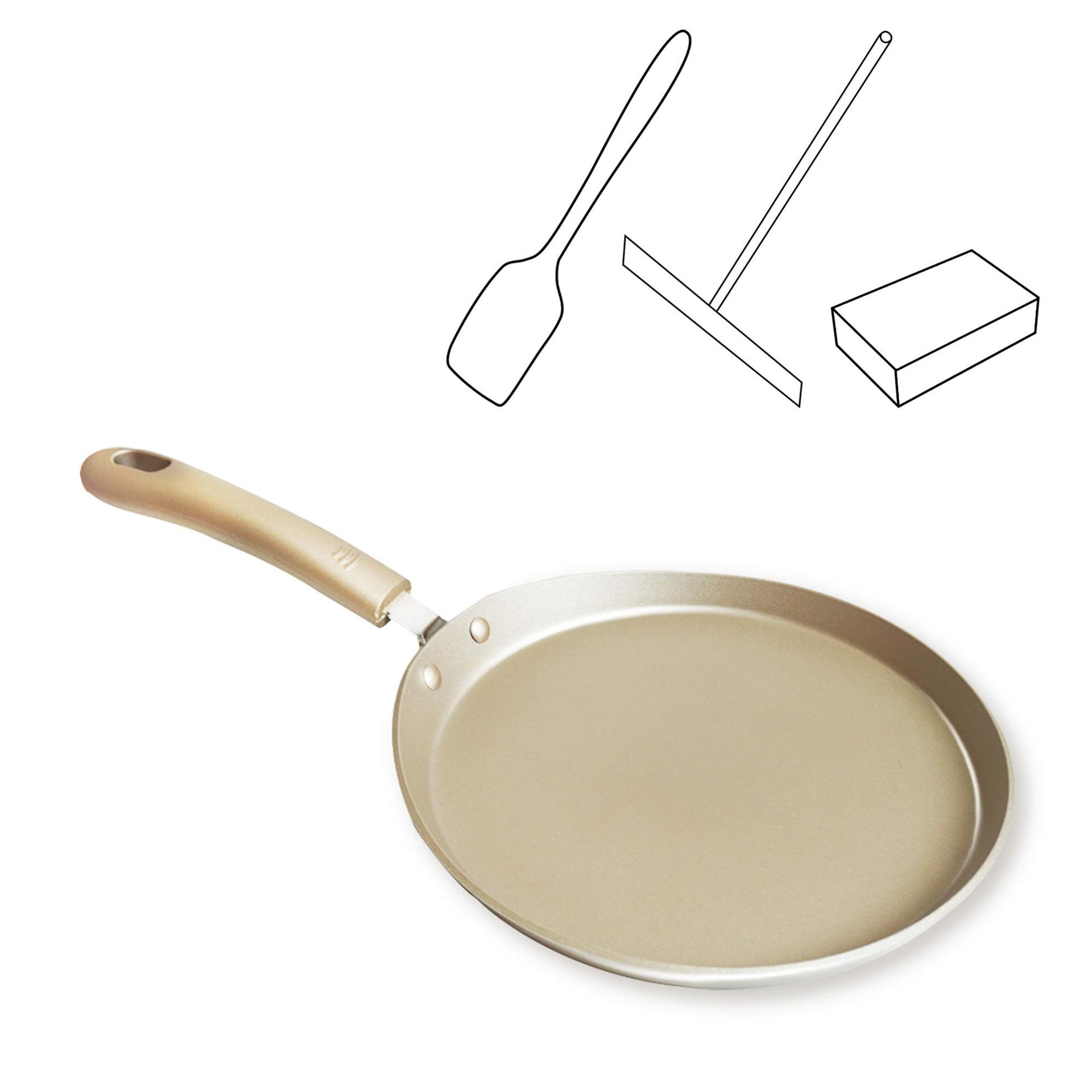 Crepe Pan Induction Non-Stick Flat Frying Pan with Utensils for Pancakes, Eggs & Roti - Champagne Gold 8 Inch - Student Essentials