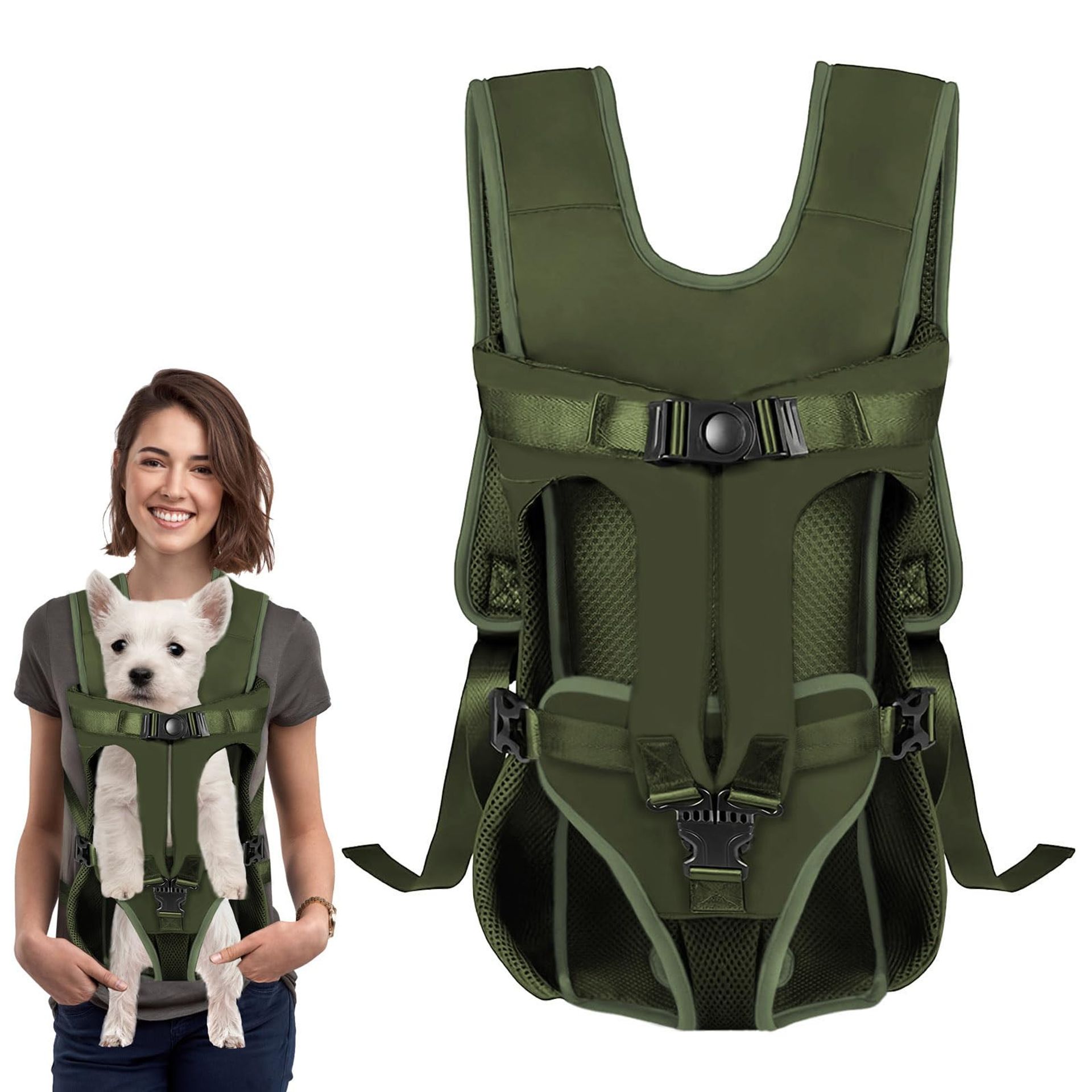 Dog Front Carrier Backpack Legs Out Design Adjustable & Breathable for Small to Medium Pets - Army Green S