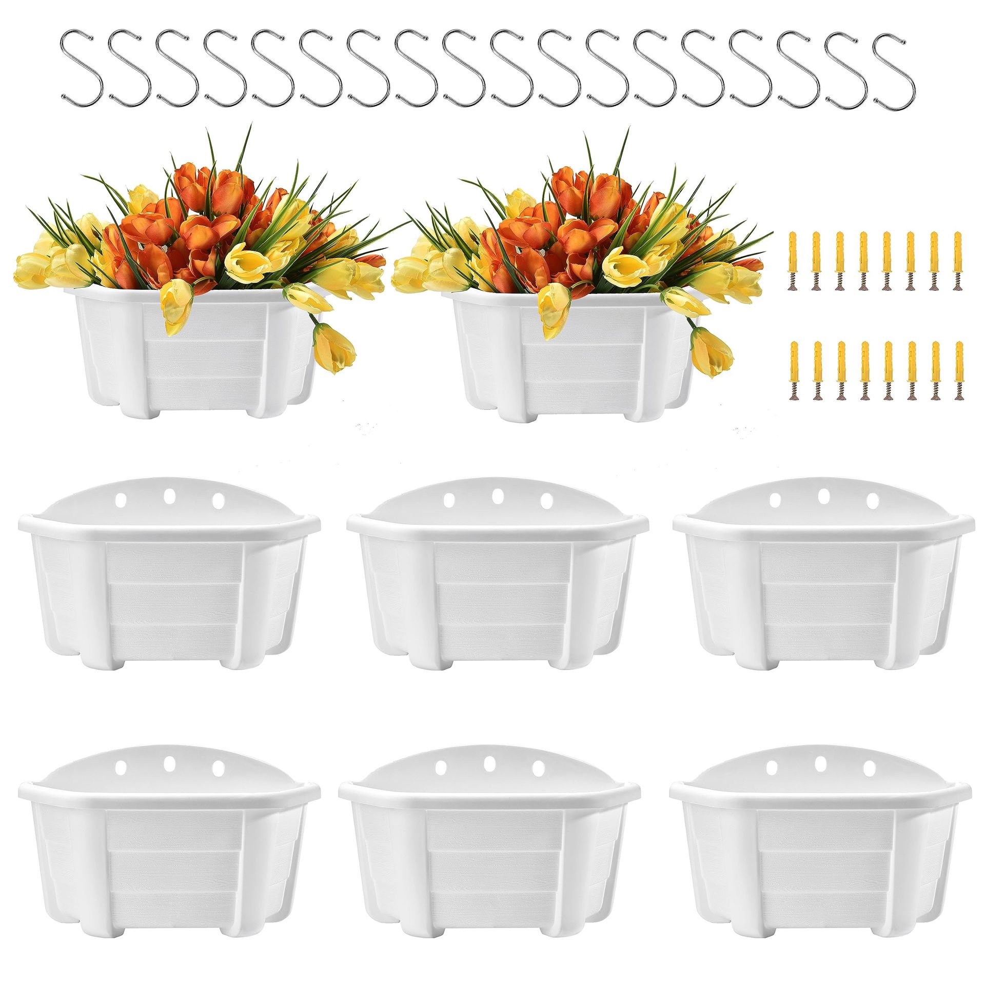 Plastic Wall Plant Pots Set of 8 Vertical Garden Planters with Drainage for Indoor or Outdoor Use - White 25cm