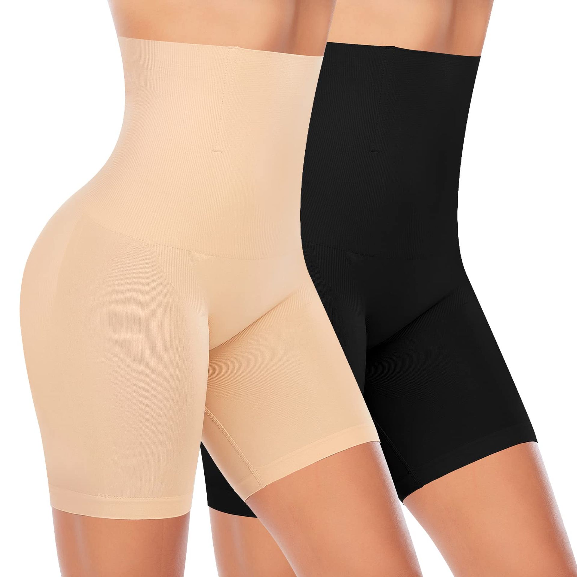 Women's Shapewear Shorts High Waisted Seamless Tummy Control Slimming Underwear - Black & Beige 2XL