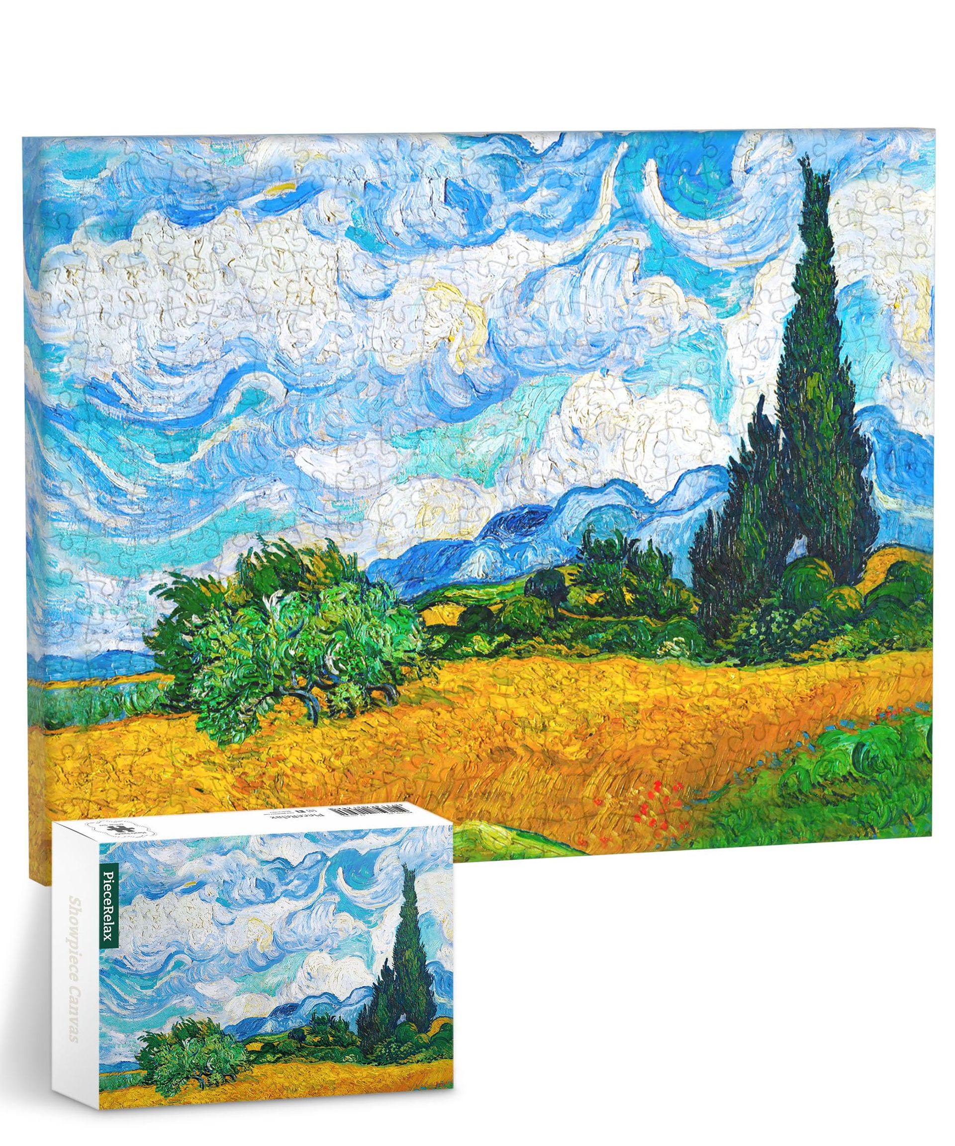 Canvas Wall Art Jigsaw Puzzle for Adults Vincent van Gogh Design Durable Plastic Pieces & Frame Mat - Wheat Field with Cypresses 12x9.25in - Spring Refresh