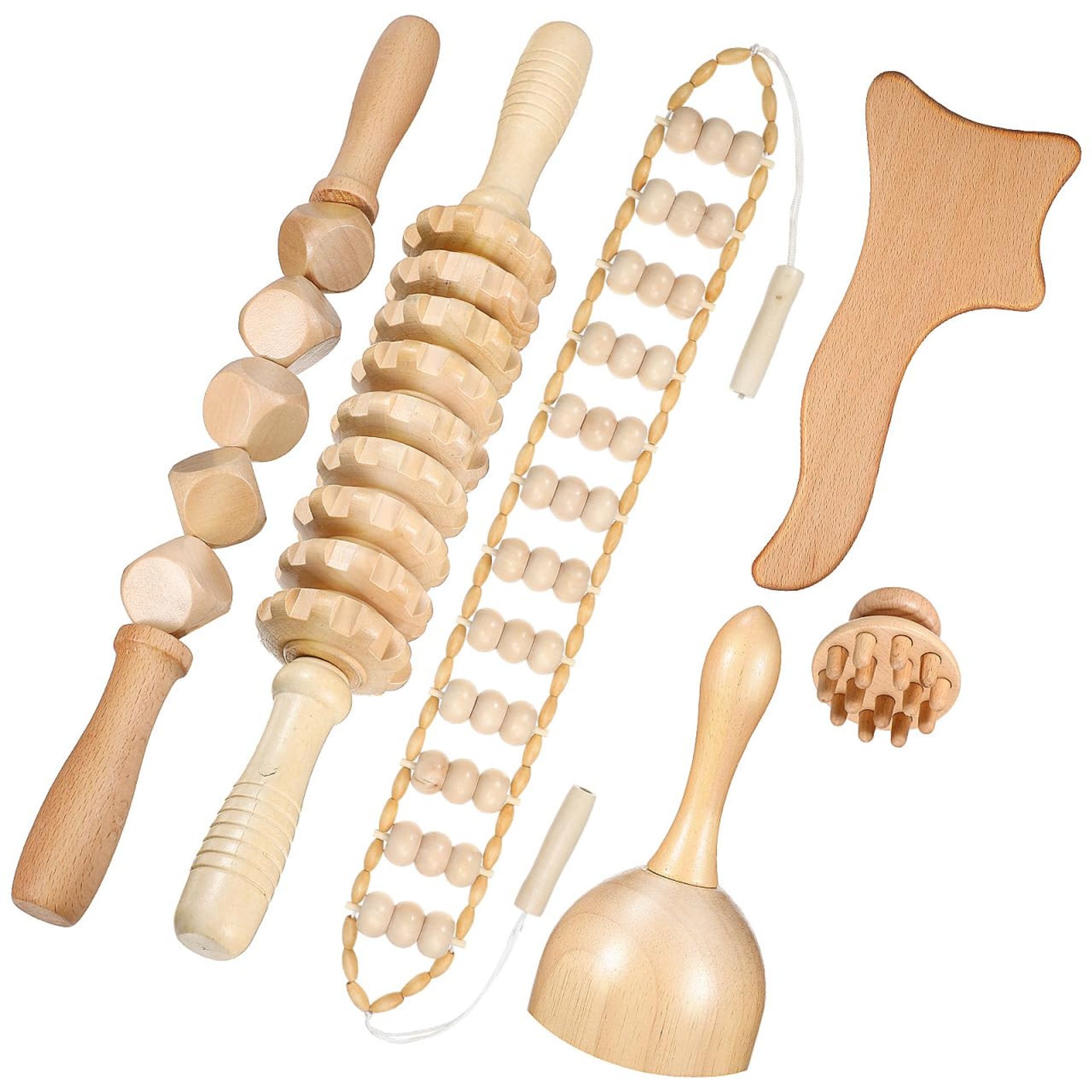 6 in 1 Wooden Therapy Massage Tools Set with Lymphatic Drainage Gua Sha & Sculpting Rollers - Khaki 6-in-1