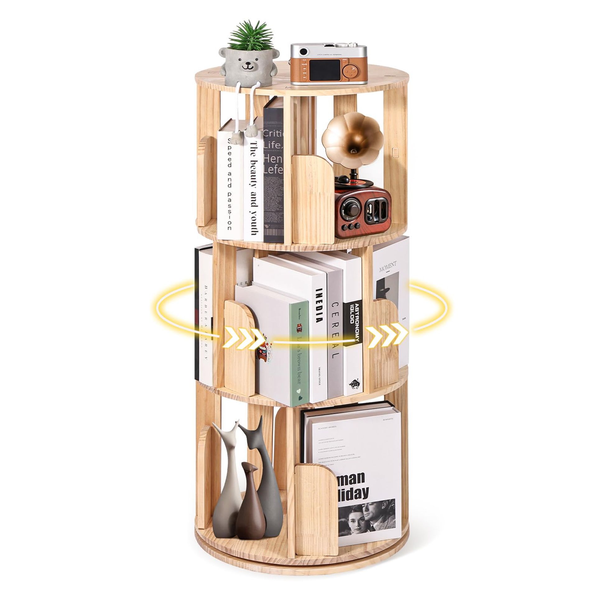 Rotating Bookshelf 3 Tier Pine Wood Floor Standing Storage Rack 360° Display - New Wooden 3 Tier