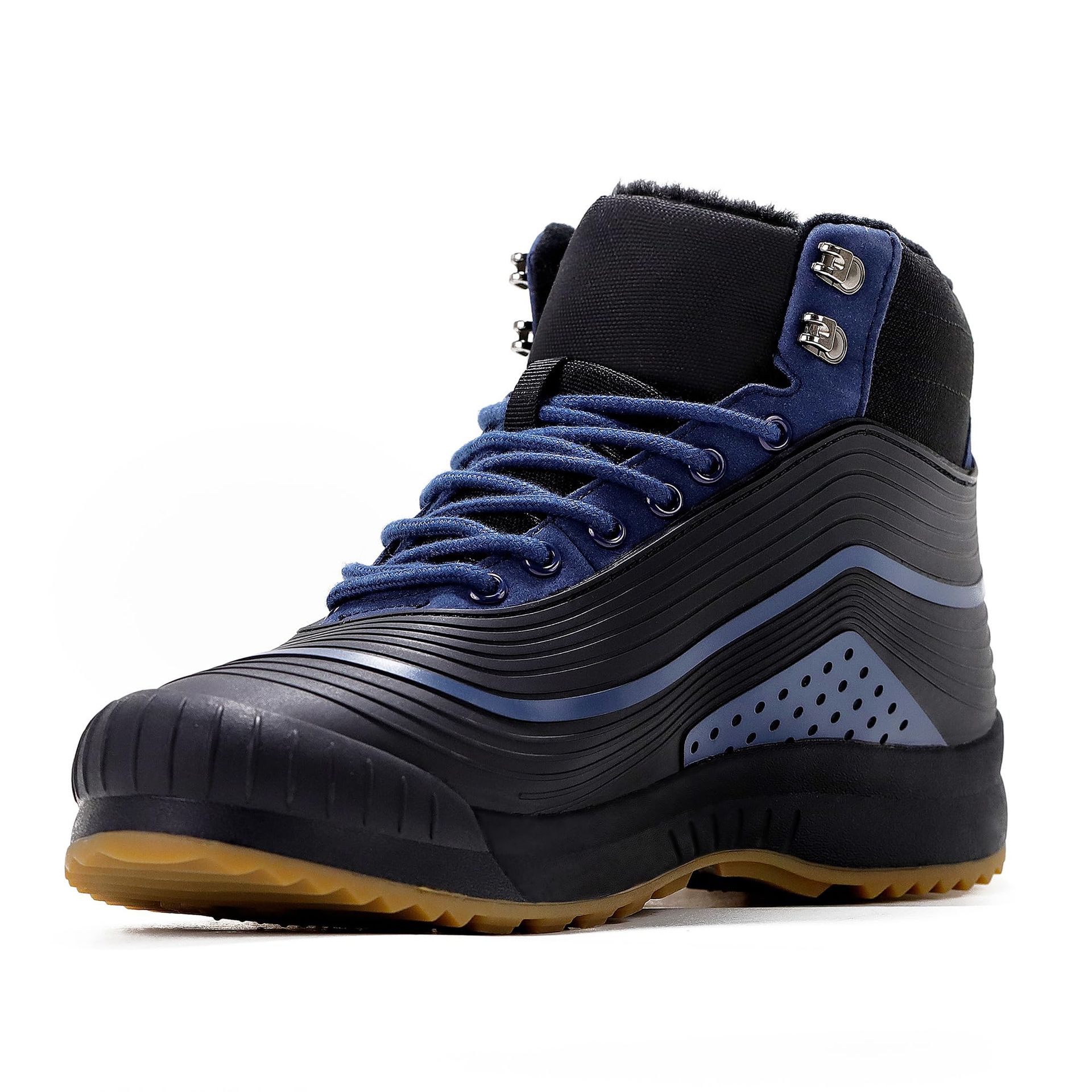 Men's Winter Boots Waterproof Fur Lined Non Slip Outdoor Snow Shoes - Black Blue UK 12