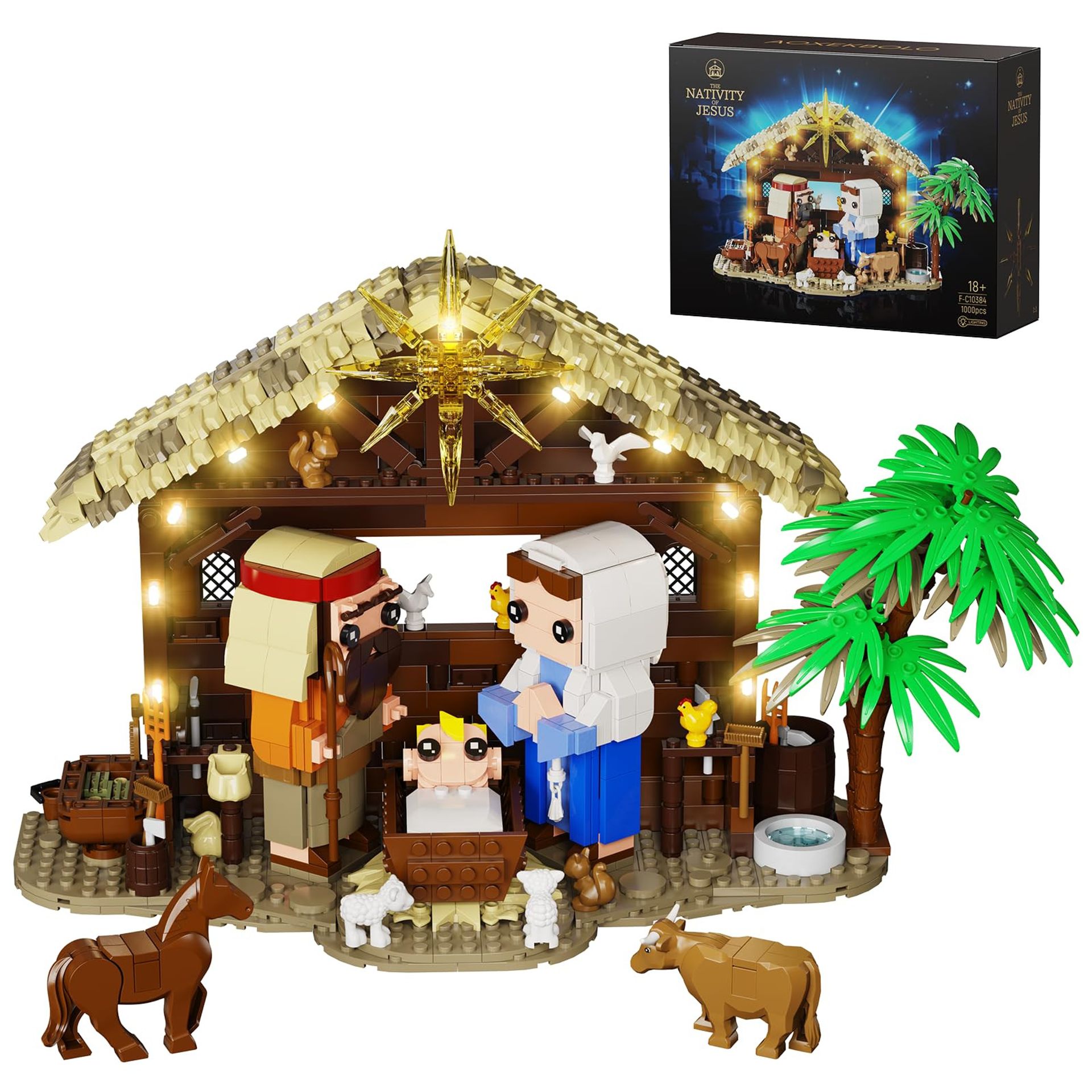 Jesus Nativity Scene Building Kit with LED Lights, 1000-Piece Manger Set with Mary, Joseph & Baby Jesus - Christmas Style 27cm