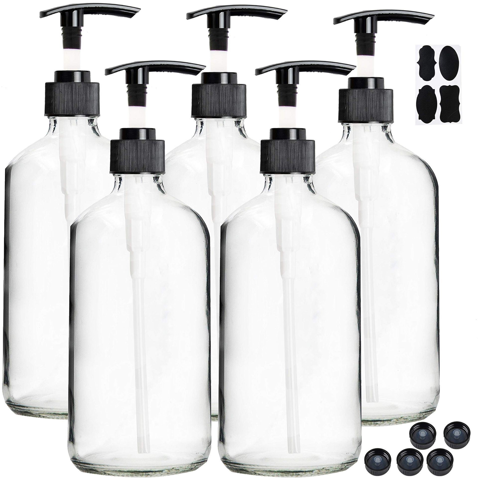 5 Pack Empty Glass Pump Bottles 250ml Refillable Soap Lotion Dispensers for Bathroom, Kitchen or Beauty Use - Black 250ml