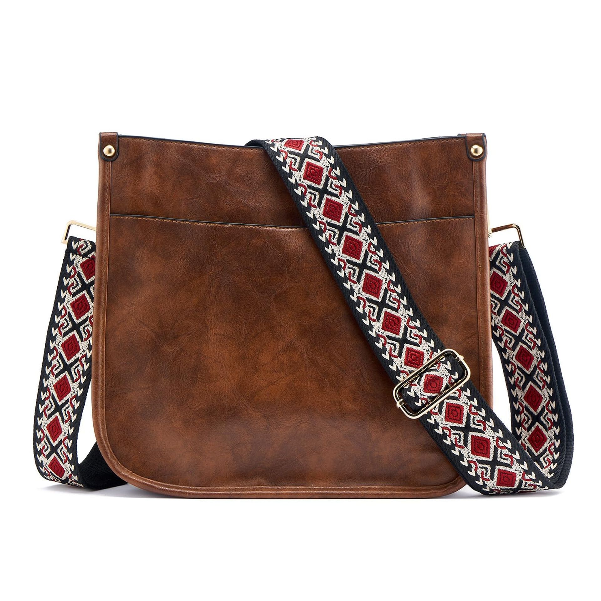 Women's Leather Crossbody Shoulder Bag with Adjustable Strap and Multiple Pockets - Dark Brown 30x9x24cm