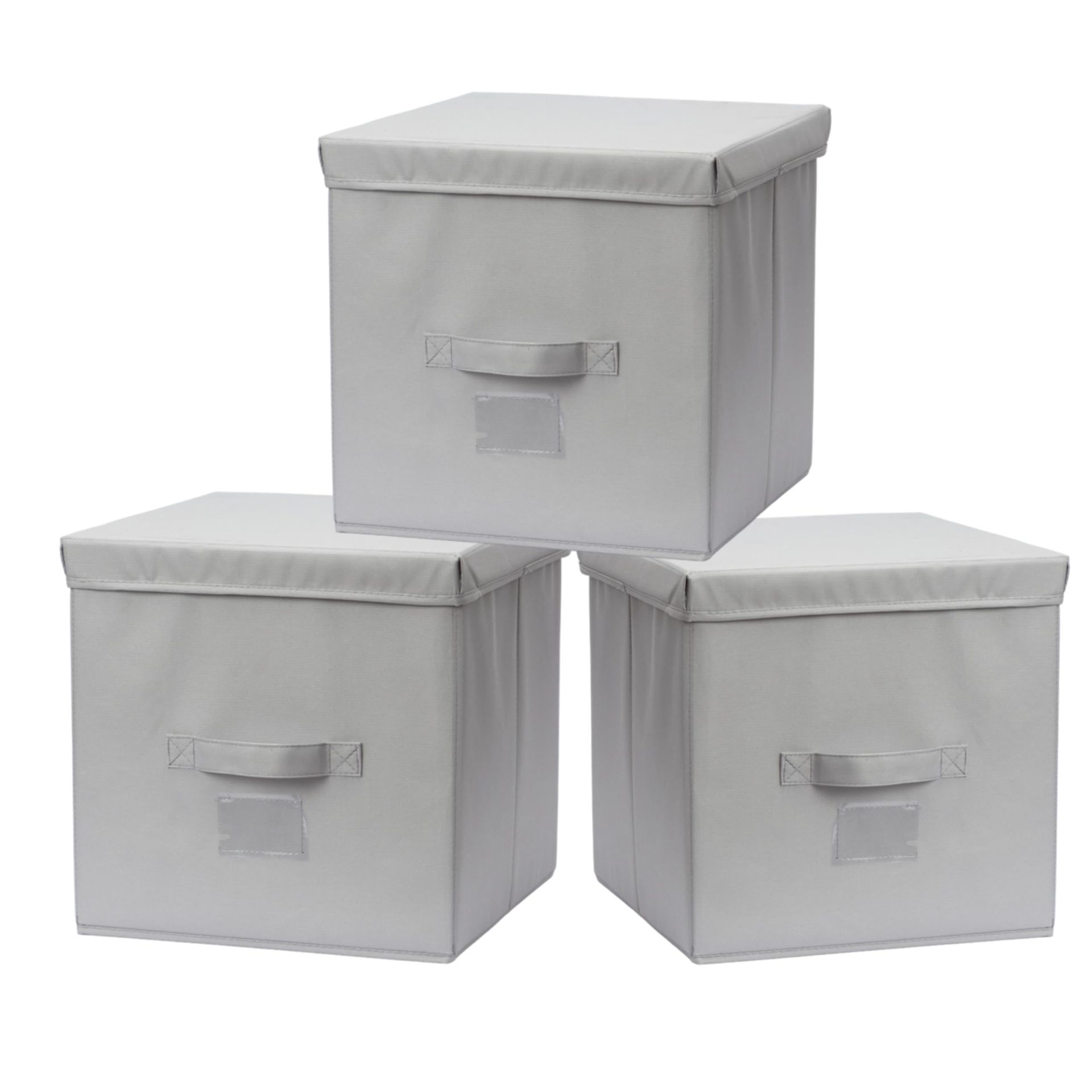 3 Pack 13 Inch Cube Storage Bins with Lids Collapsible Fabric Organisers for Kallax Shelves, Toys and Wardrobe - Light Grey
