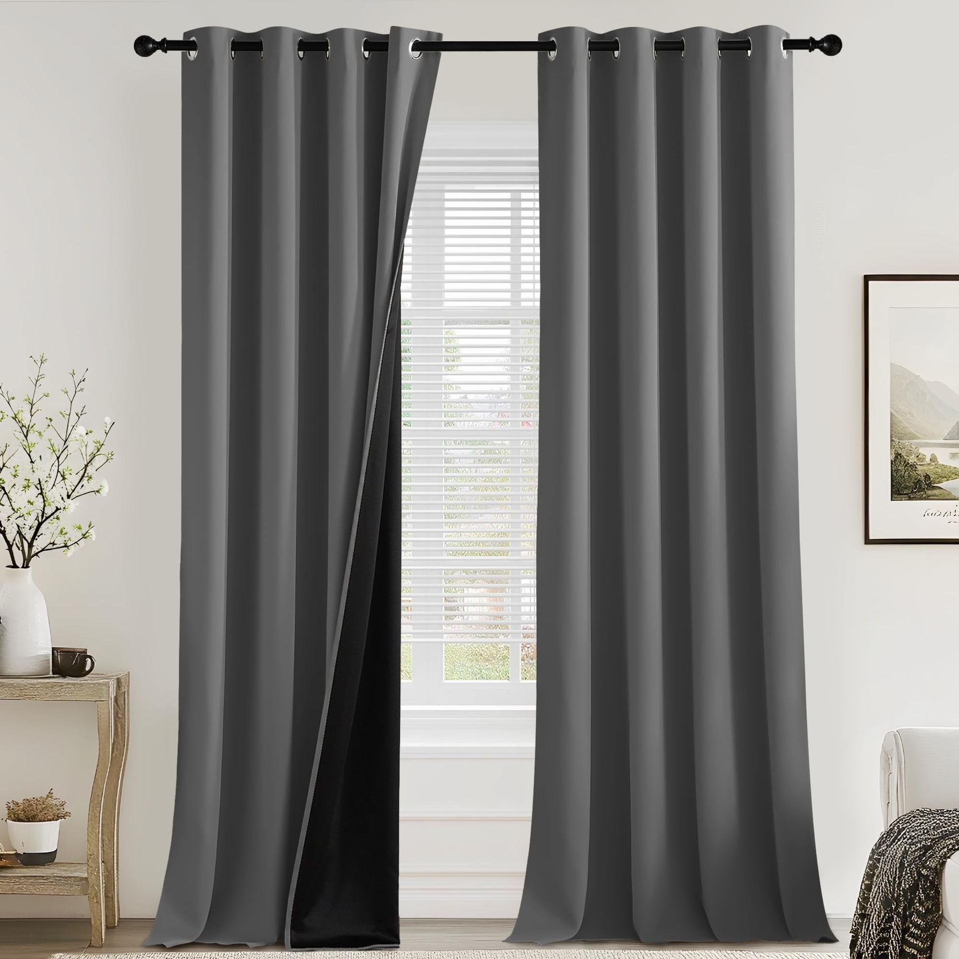 Thermal Insulated Full Blackout Eyelet Curtains for Bedroom & Living Room - Grey W 52" x L 90" (2 Panels)