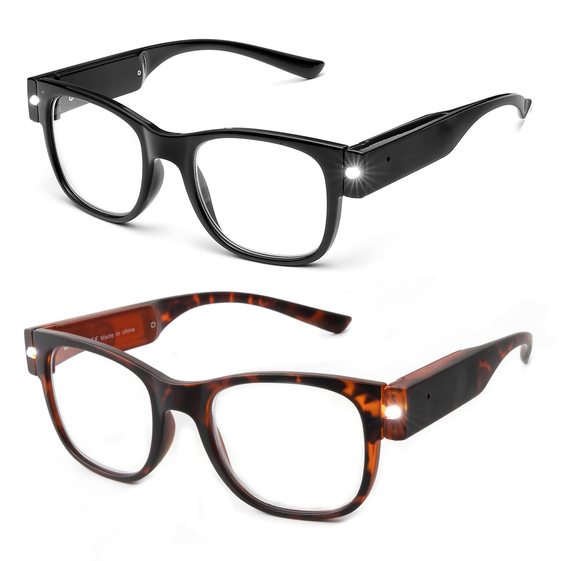 Reading Glasses with Built-In LED Lights USB Rechargeable Clear Vision Readers - Black/Tortoise 1.5X