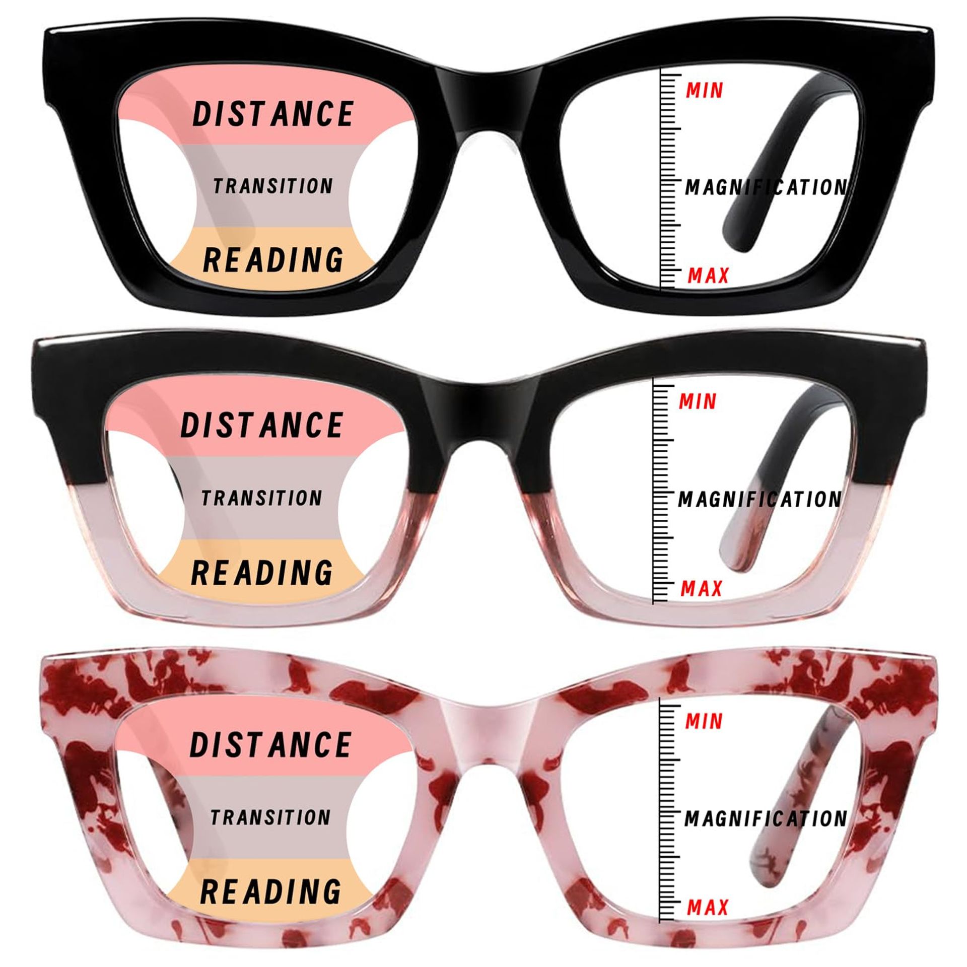 Oversized Square Reading Glasses Blue Light Blocking Progressive Multifocus Eyewear for Women - Black+Pink+Pink Tortoiseshell 1.50