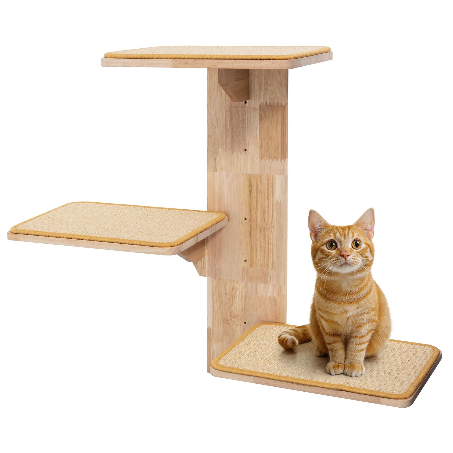 Wall-Mounted Cat Tree with 3 Platforms Solid Wood Cat Shelves and Bed - Beige