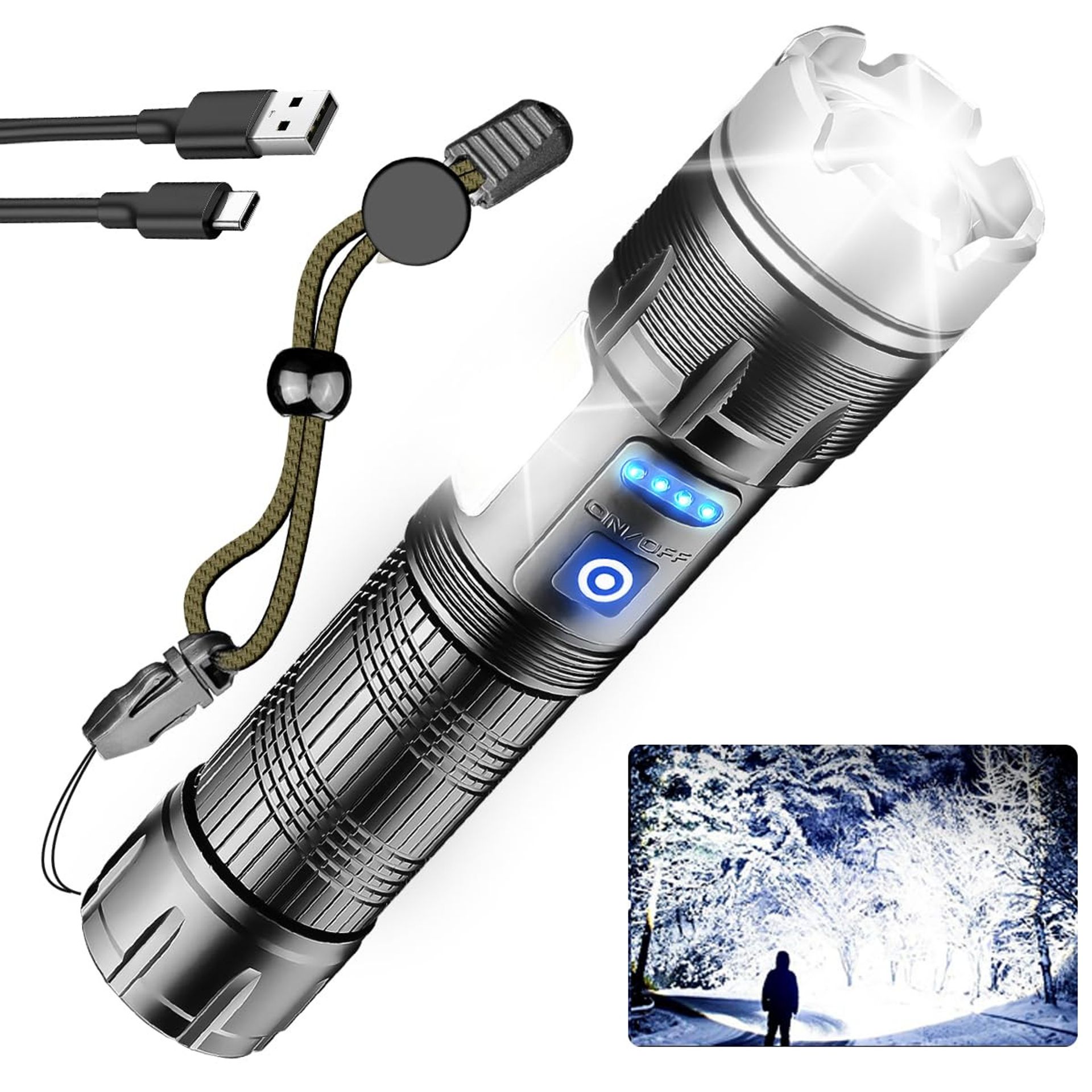 LED Torch Rechargeable Super Bright Flashlight 20000 Lumens 7 Modes Adjustable Focus Waterproof for Camping Hiking - Black X16B