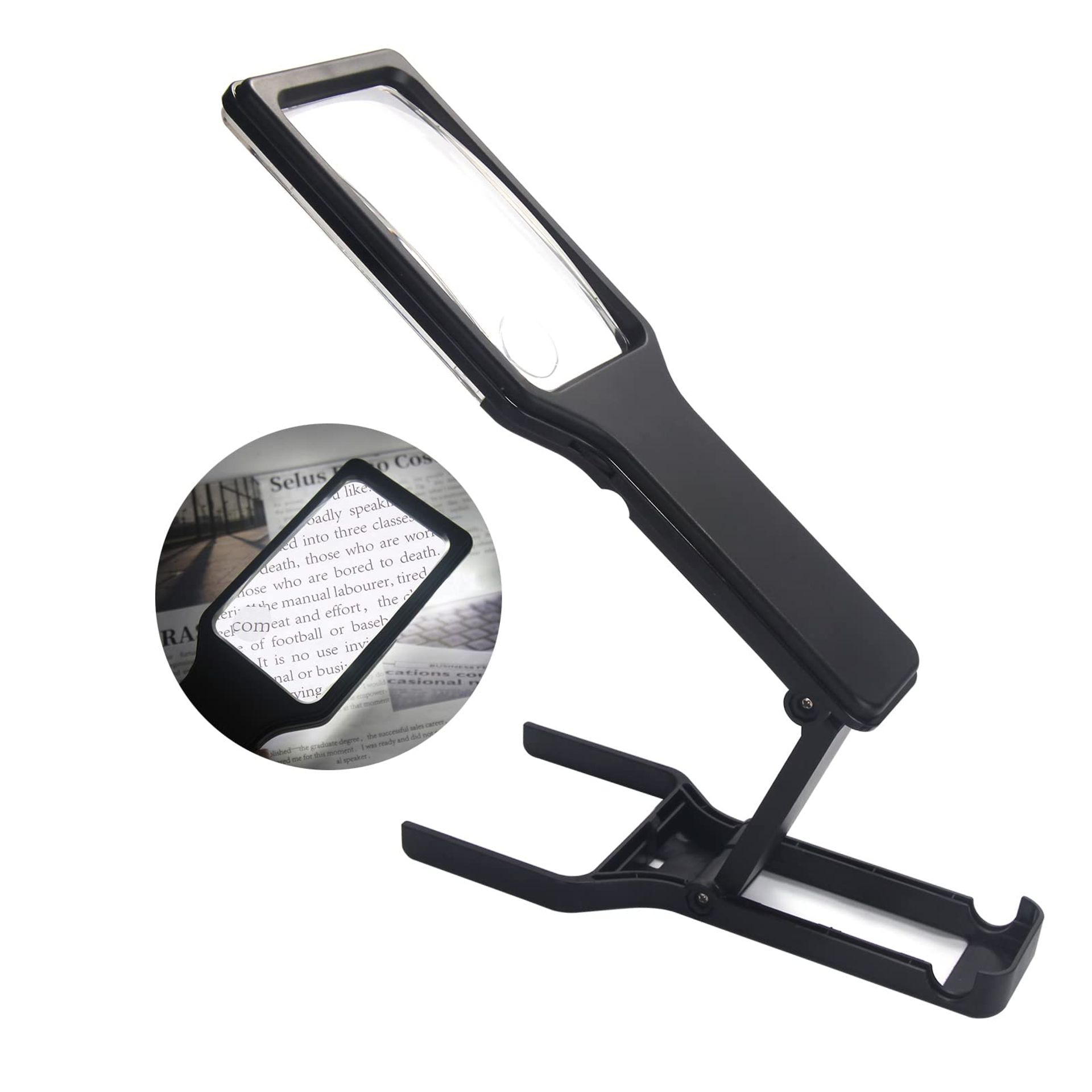 5X 10X Foldable Magnifying Glass with LED Lights Adjustable Brightness for Close Work and Reading - Black 5X+10X Lens