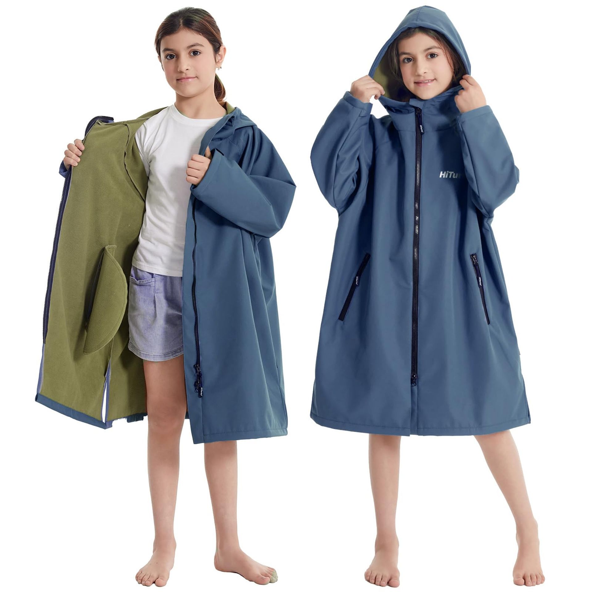Kids Waterproof Changing Robe Windproof Warm Surf Poncho Fleece Lined Oversized Coat - Navy 4-9 Years