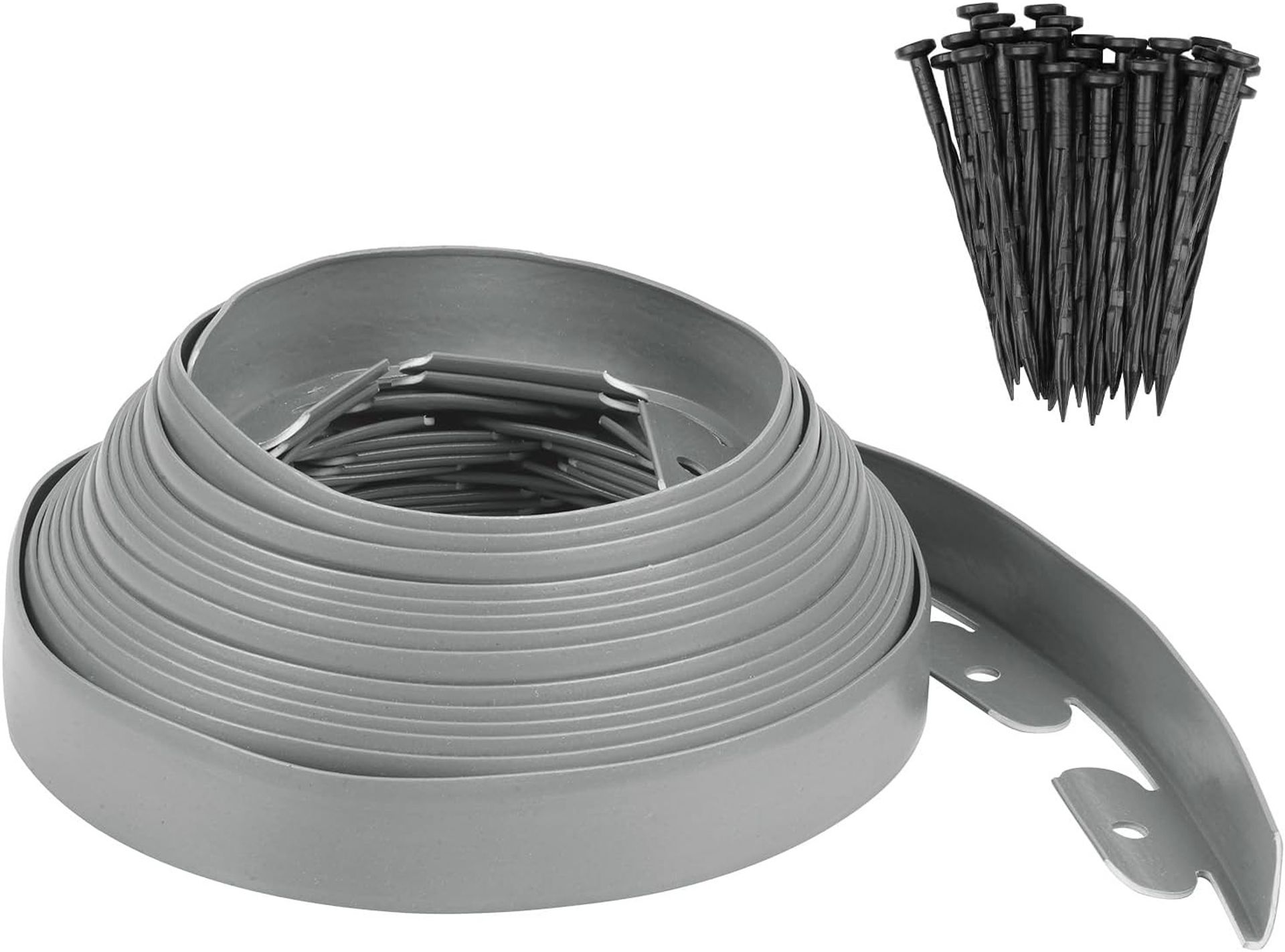 Garden Edging Flexible Plastic Lawn Border 33ft with 30 Anchoring Spikes - Grey 33ft x 1.6in