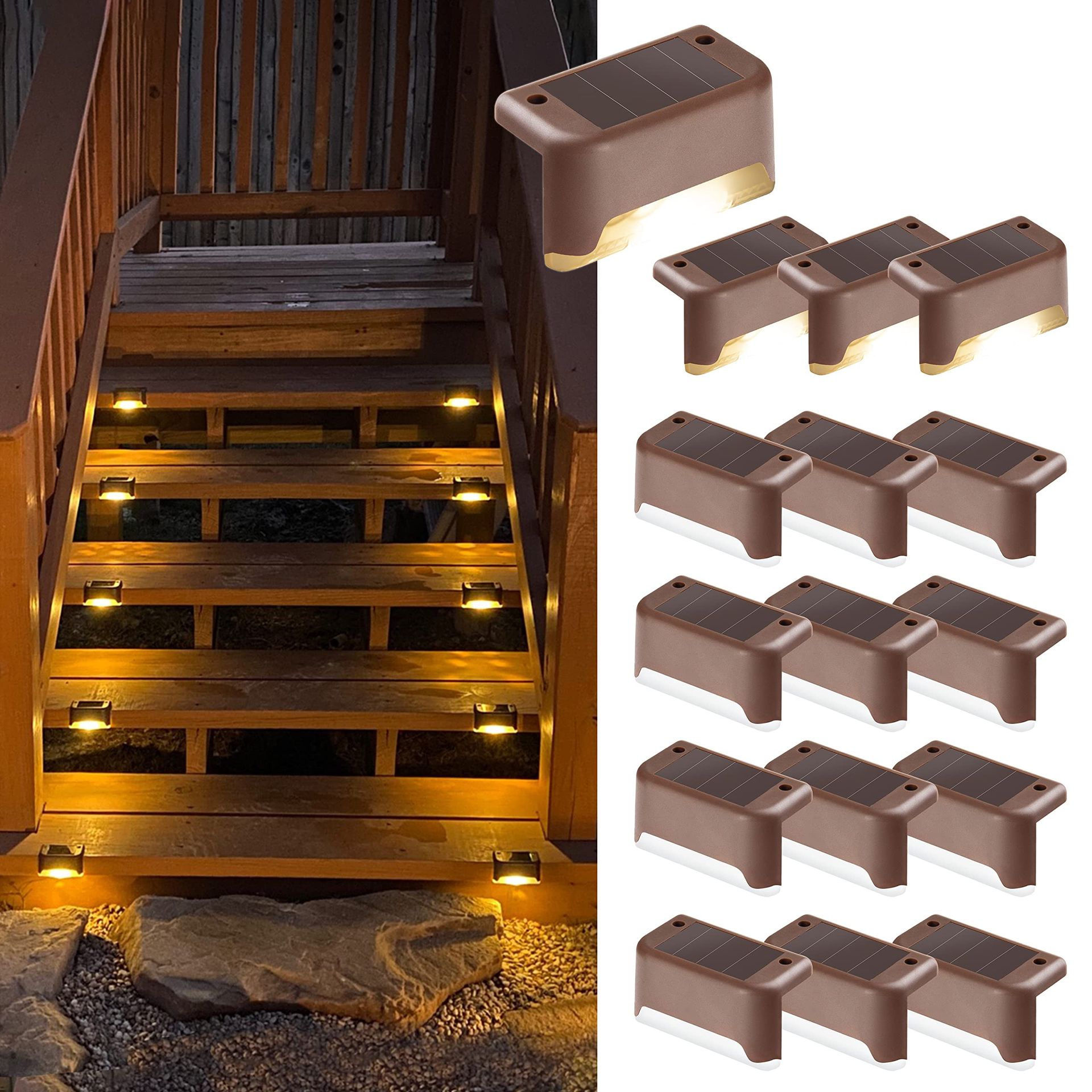 Solar Deck Lights Outdoor Waterproof LED for Steps, Fence, Patio, Pathway, 16 Pack Energy-Saving Lighting - Brown Warm White