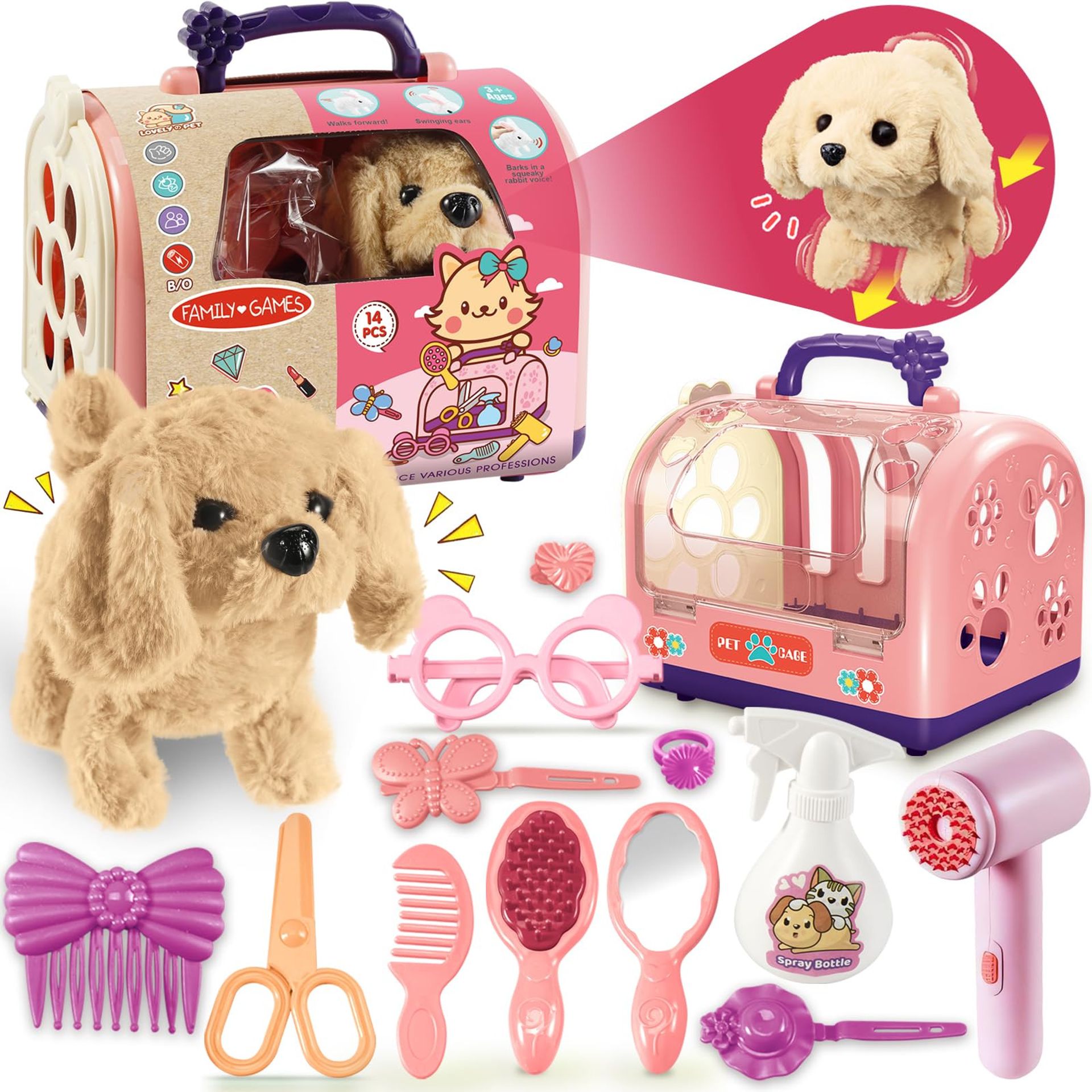 Interactive Walking Robot Dog Toy Set for Kids with 14 Grooming Accessories and Pet Cage - Pink Child-Size