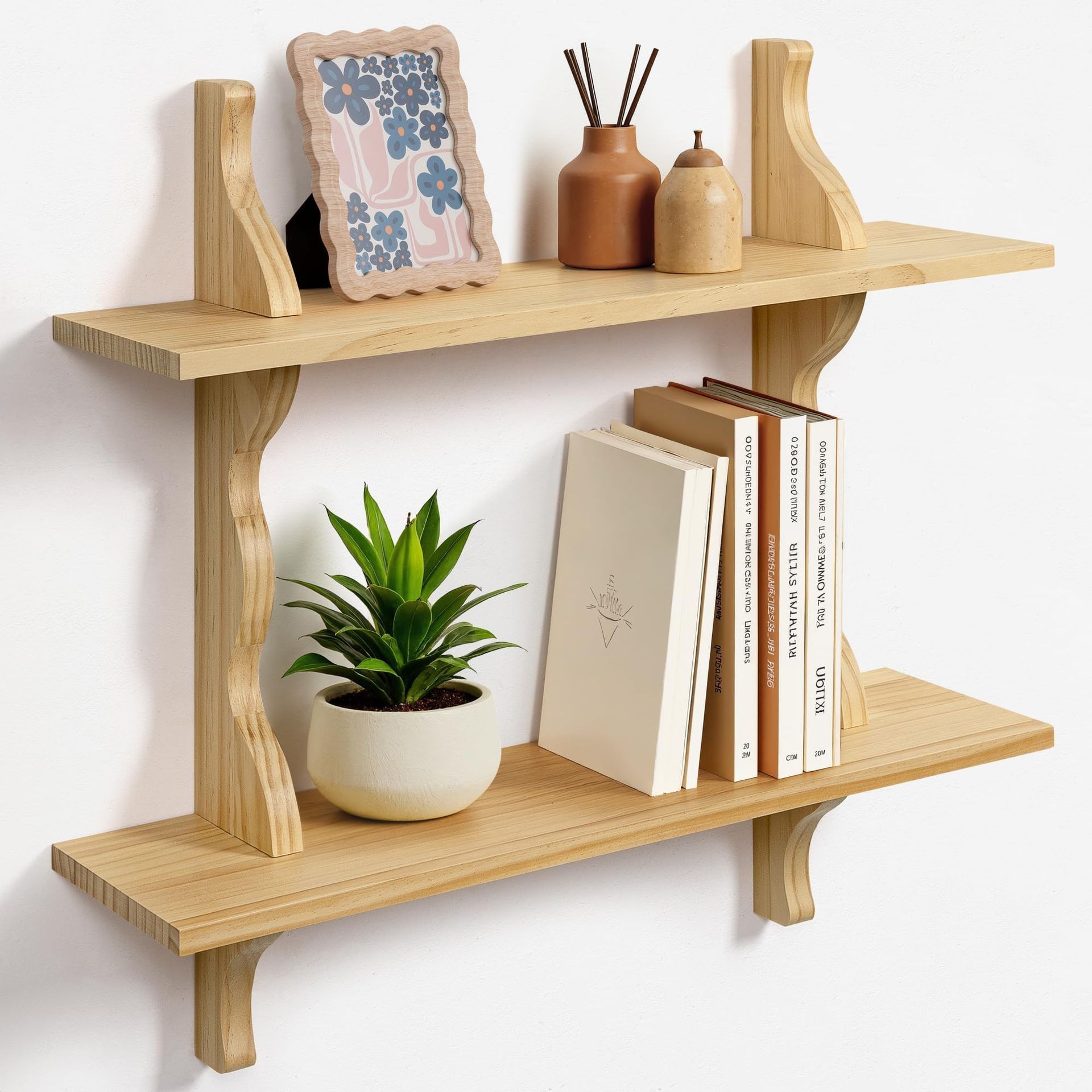 Floating Wall Shelves Pine Wood 2 Tier Wave-Shaped Design for Bedroom Living Room Office - Light Brown Large - Spring Refresh