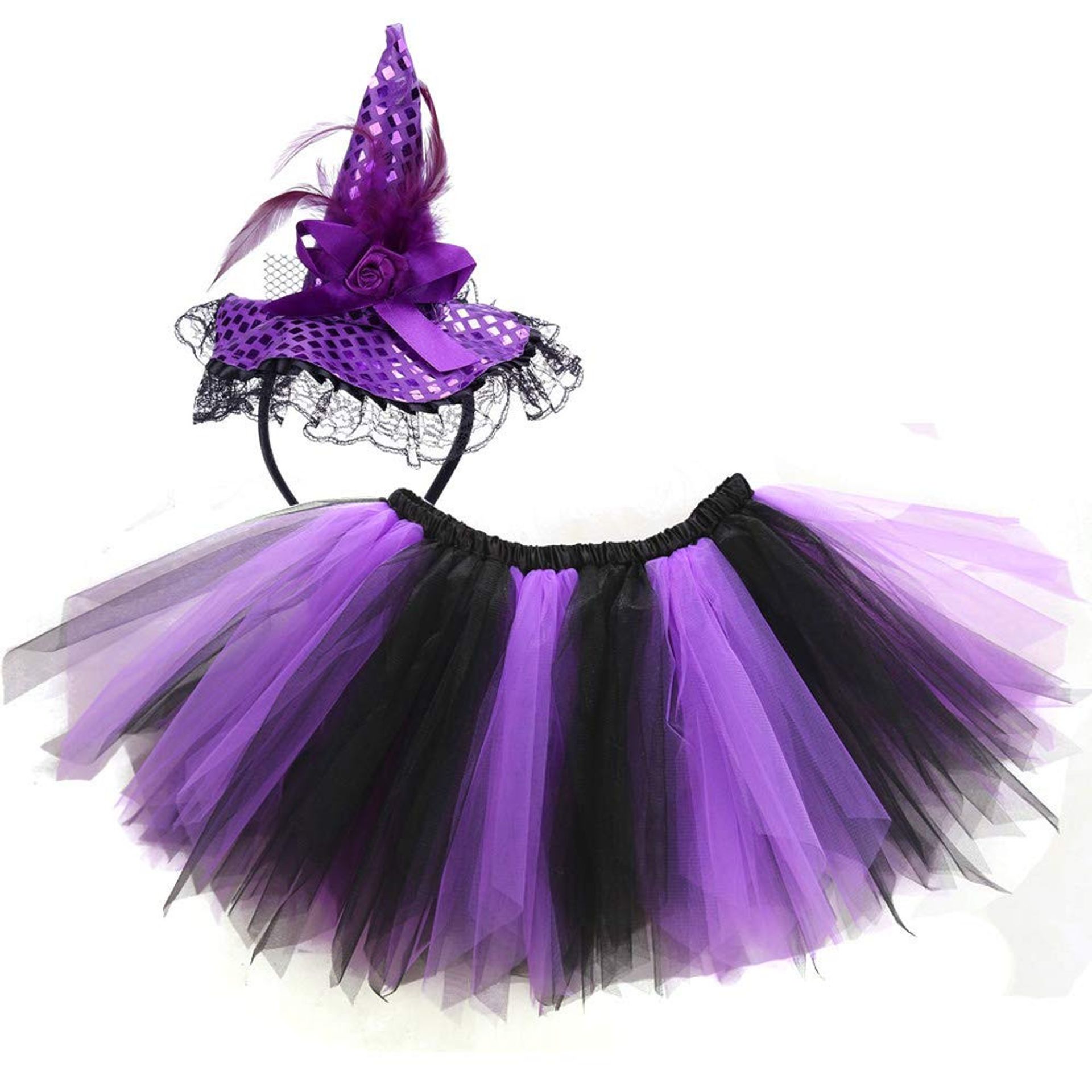Women's Halloween Tutu Skirt with Sequins and Witch Hat Headband Fancy Dress Costume - Purple One Size
