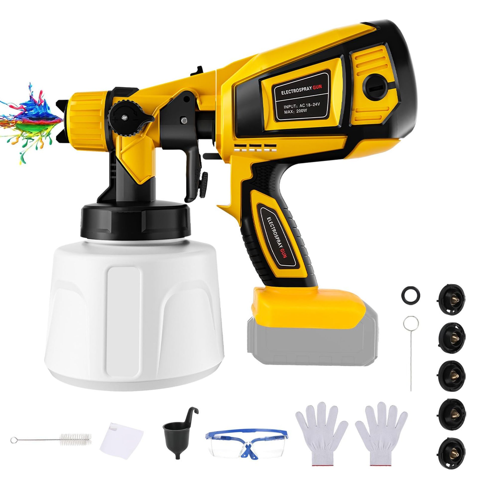 Cordless Paint Sprayer Compatible with DeWalt 20V Battery, 650W Motor, 5 Nozzles, 3 Spray Patterns, 1000ml Jug, Protective Gear - Lemon Tree CY190-DW