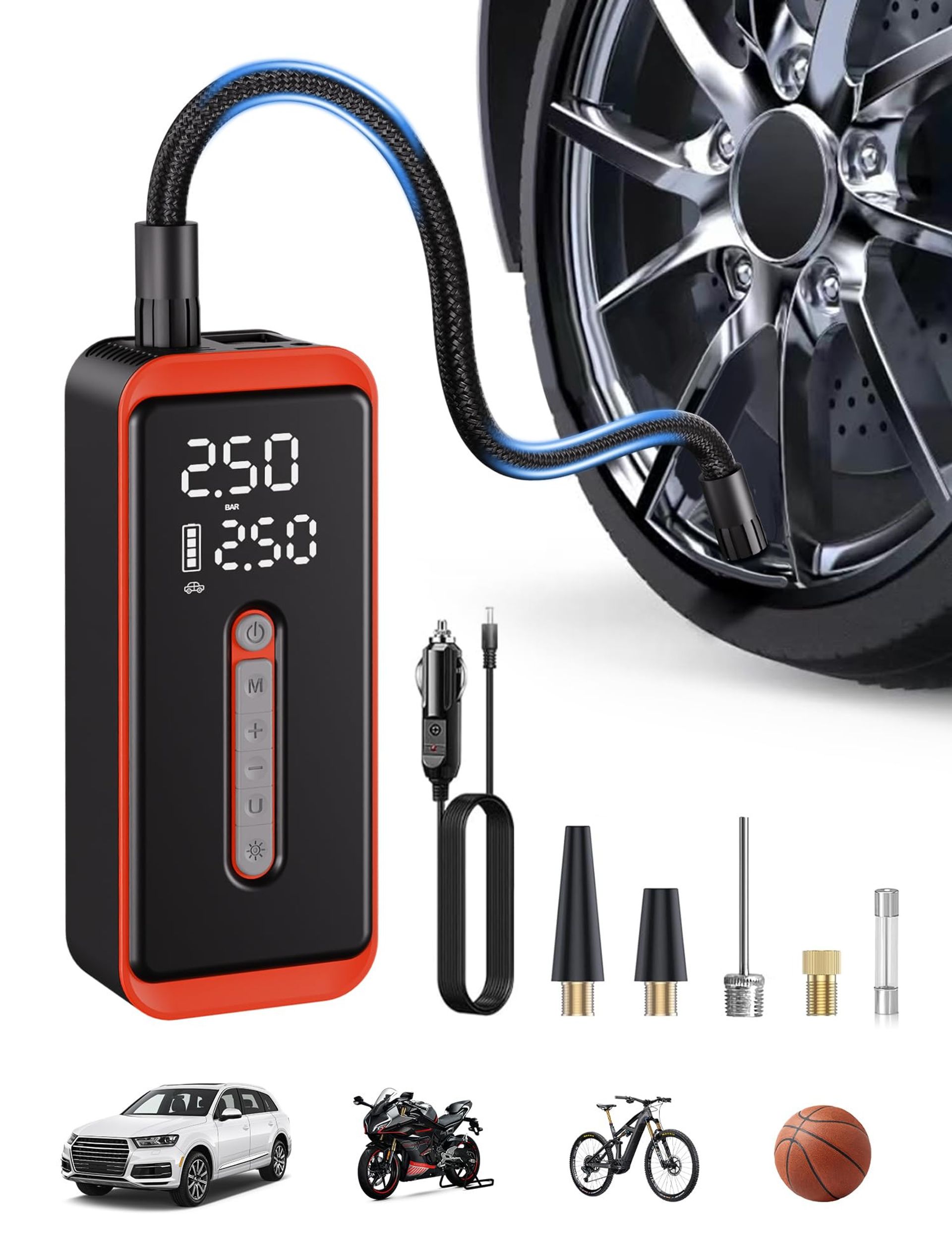 Cordless Electric Tyre Inflator 12V Rechargeable Air Compressor 150PSI with LED Light & Digital Gauge - Red AP-S6