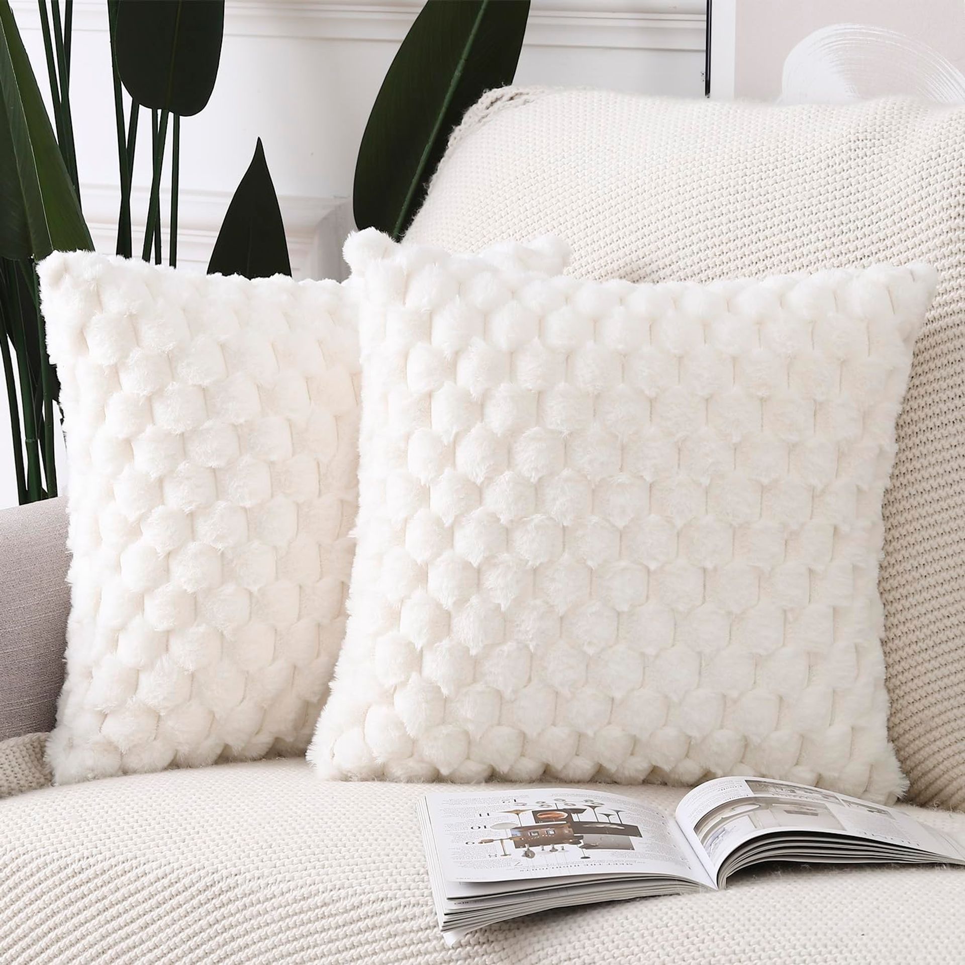 Faux Wool Cushion Covers Set of 2 Super Soft Boho Decorative Pillowcases for Sofa or Bedroom - Cream White 55x55 cm