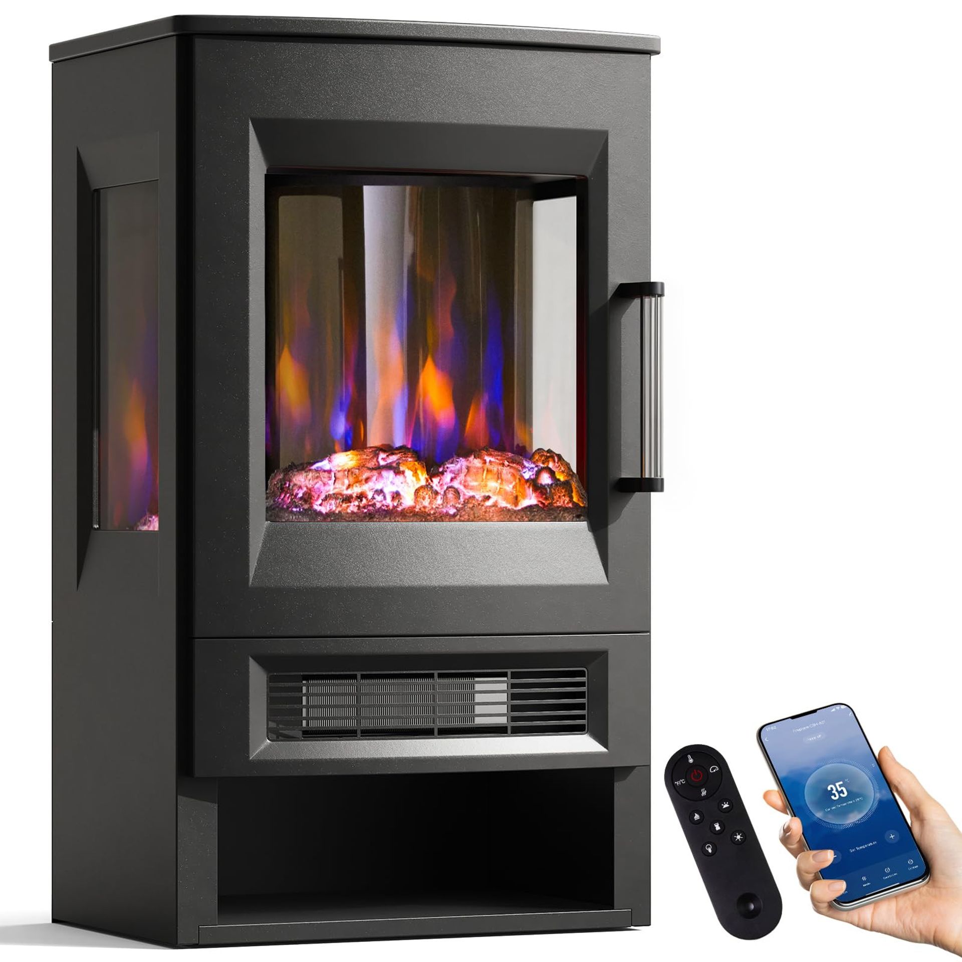 Electric Fireplace Stove 3D Glass Display with 8 Flame and Ember Effects, Smart App & Remote Control, Overheat Protection - Black 8 Flame Effect With Wifi Control