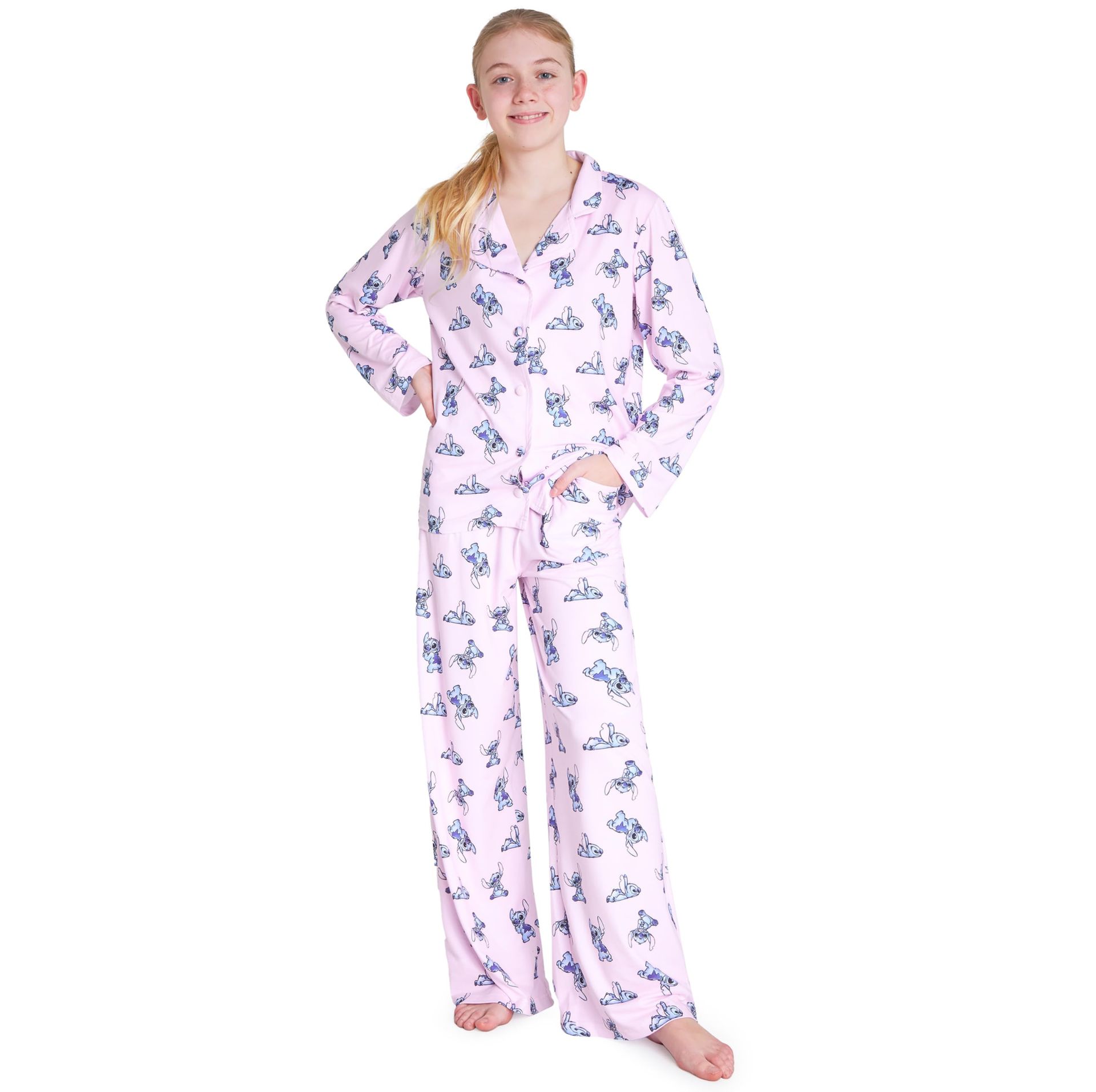 Girls Stitch Pyjama Set Soft Breathable 2 Piece Long Sleeve Loungewear - Pink 11-12 Years