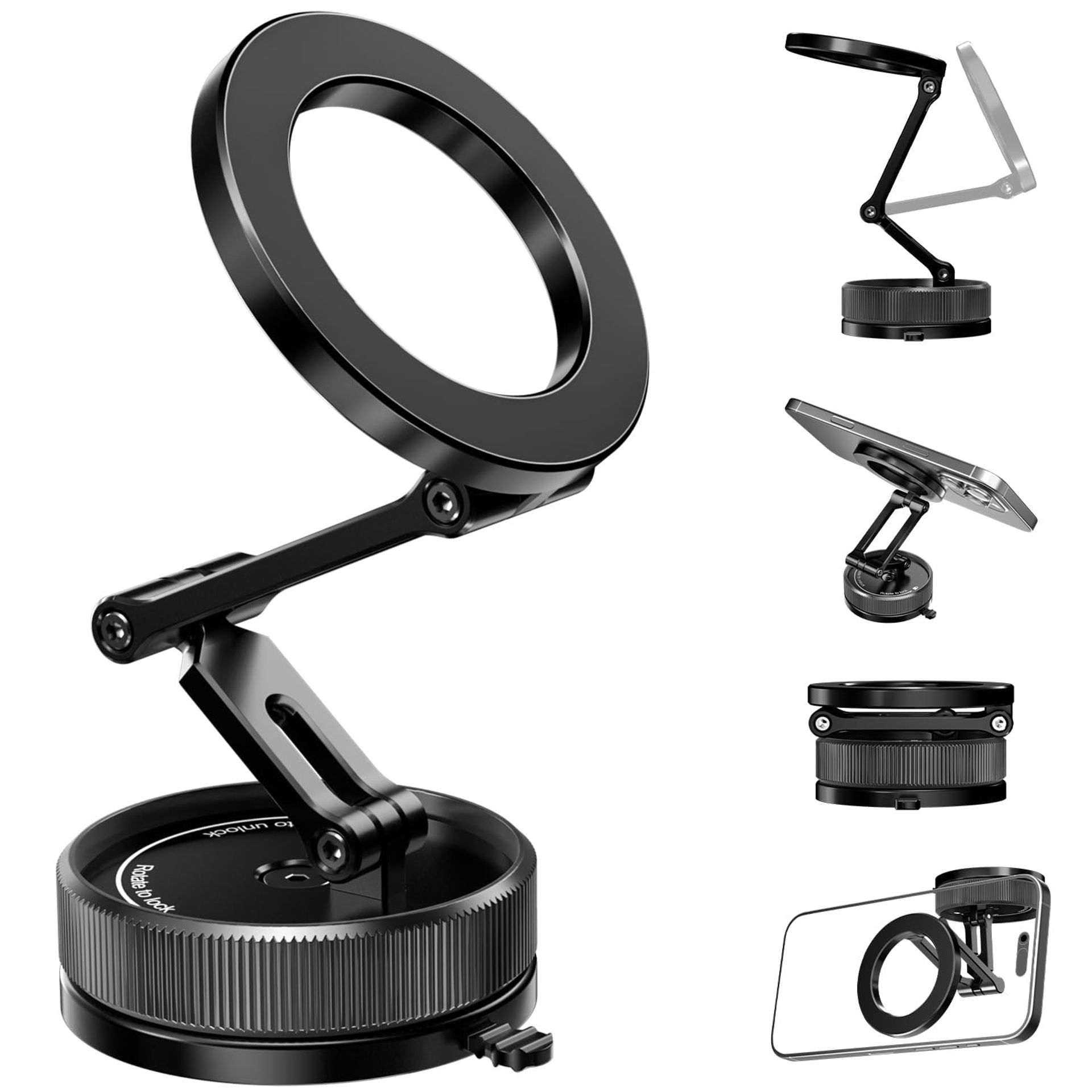 Magnetic Car Phone Holder with Upgraded Vacuum Suction Three-Axis Mount for Dashboard, Windshield or Screen Compatible with MagSafe iPhones - Black