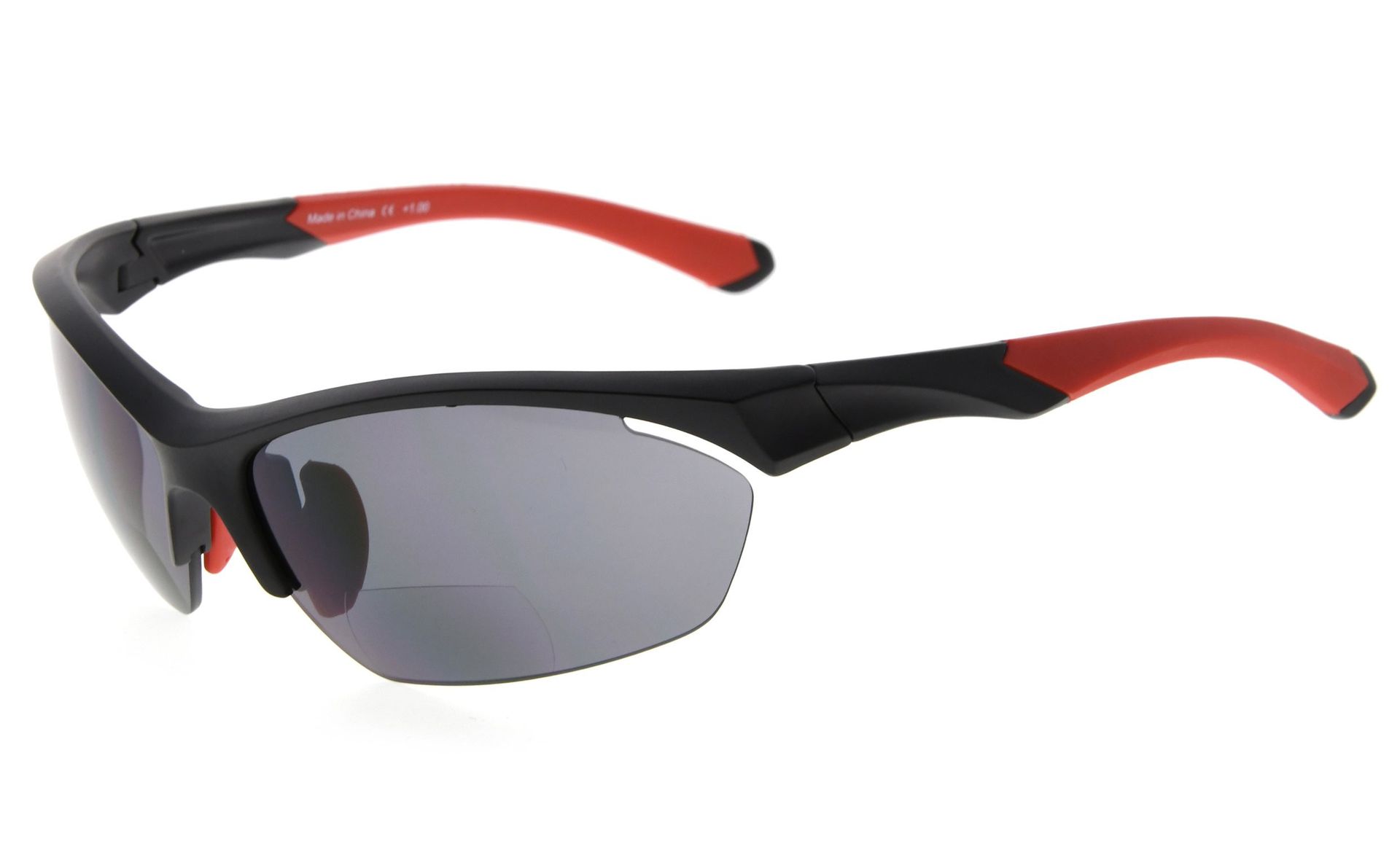 Sports Bifocal Sunglasses TR90 Half-Rimless UV Protection for Running, Fishing & Golf - Black Red +3.50